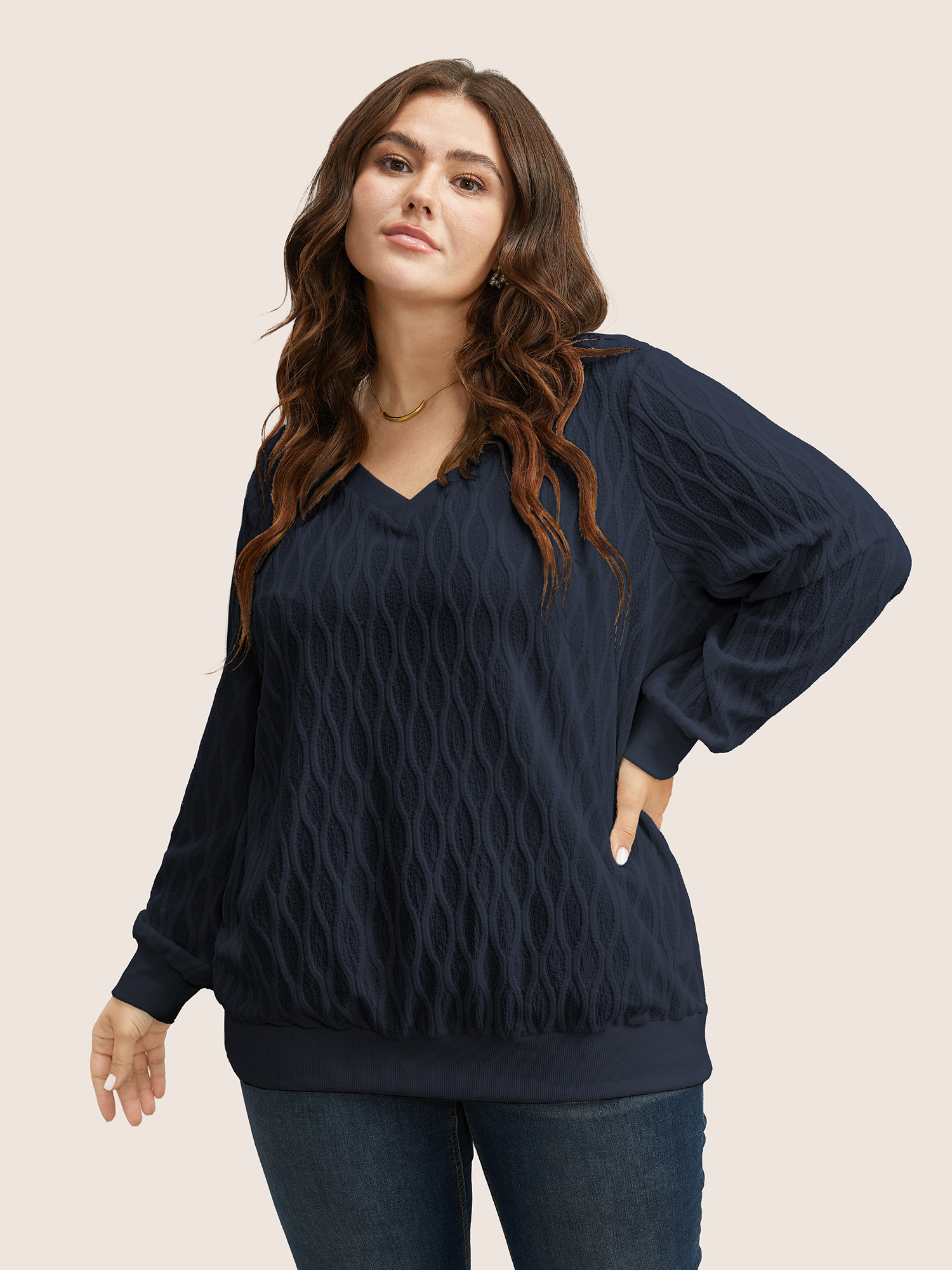 

Plus Size Rib Knit Plain Elastic Cuffs Sweatshirt Women Indigo Elegant Non V-neck Everyday Sweatshirts BloomChic