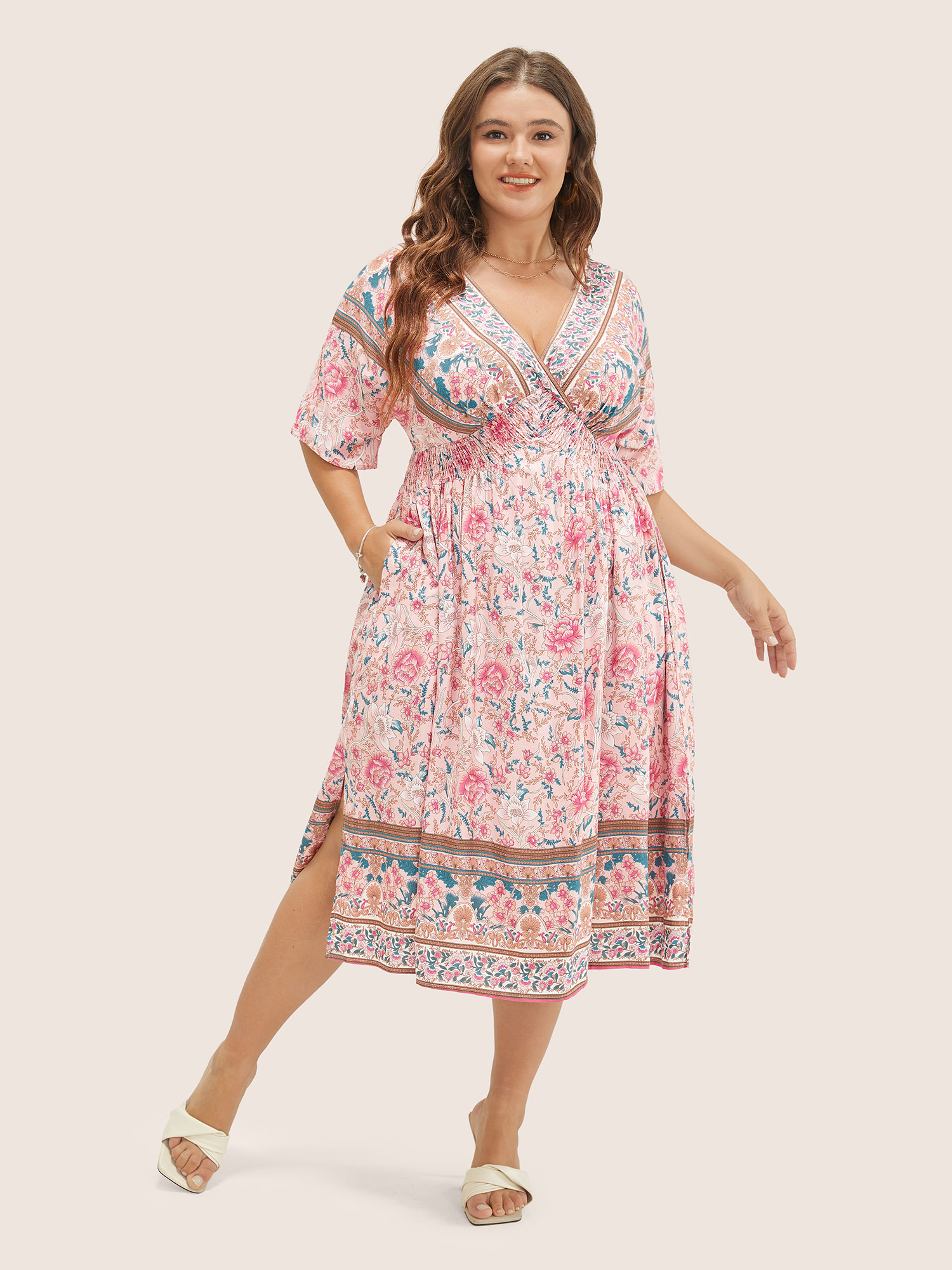 

Plus Size Floral Dolman Sleeve Ruffles Shirred Split Hem Dress Pink Women Resort Non V-neck Short sleeve Curvy Midi Dress BloomChic