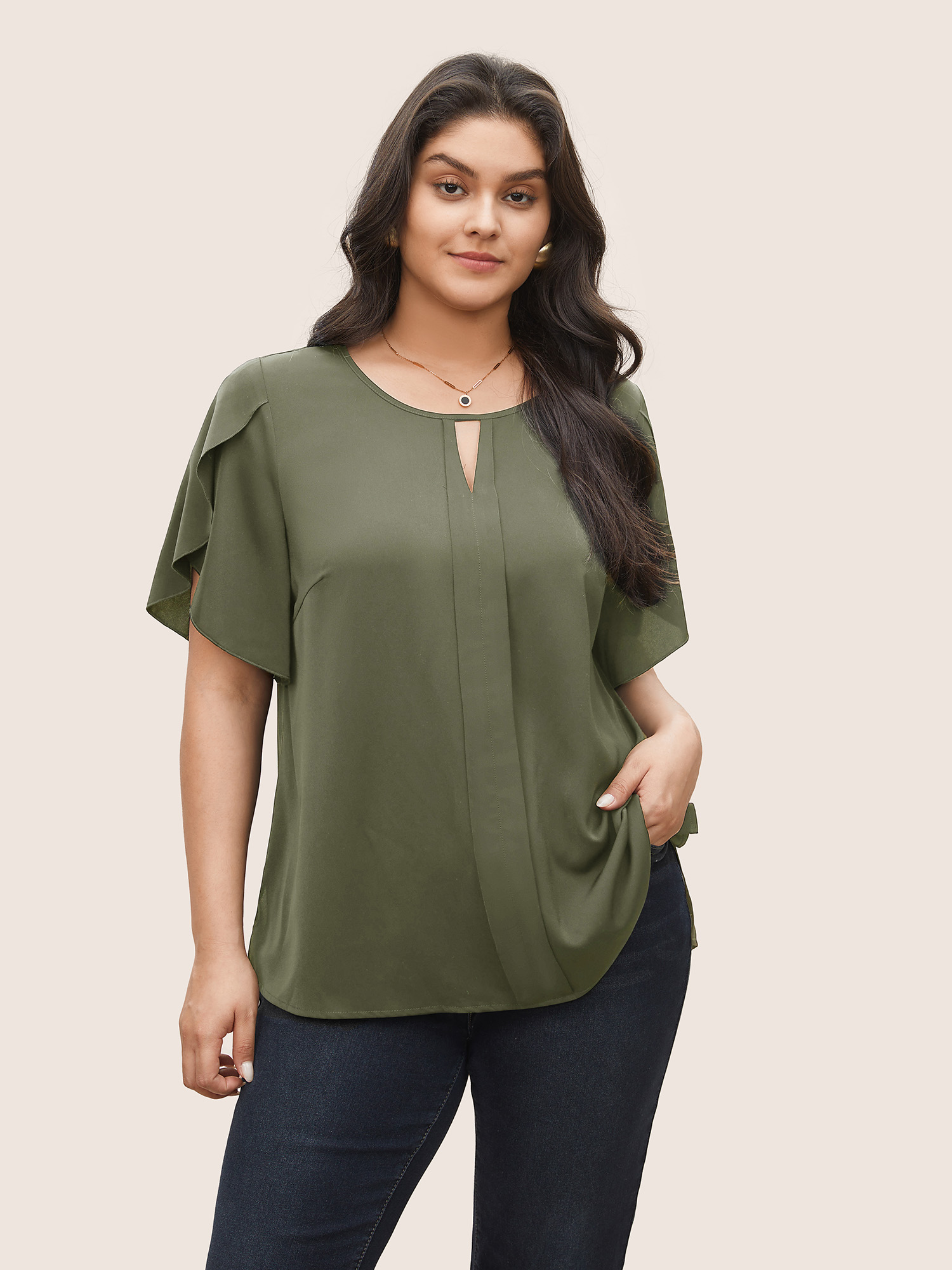 

Plus Size Moss Solid Keyhole Petal Sleeve Pleated Blouse Women Work From Home Short sleeve Notched collar Work Blouses BloomChic