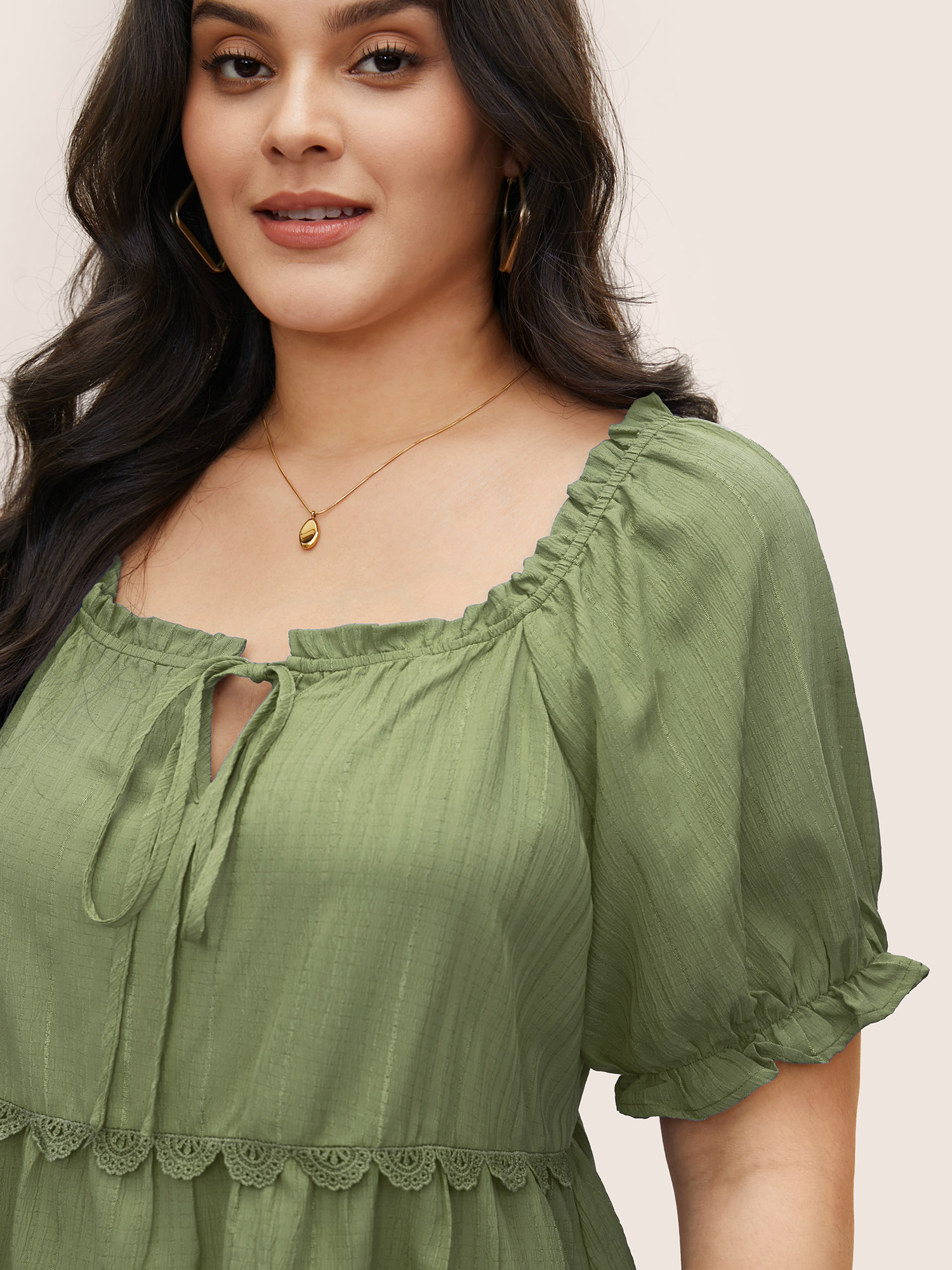 

Plus Size Sage Solid Lace Panel Frill Trim Ties Blouse Women Casual Half Sleeve Non Everyday Blouses BloomChic