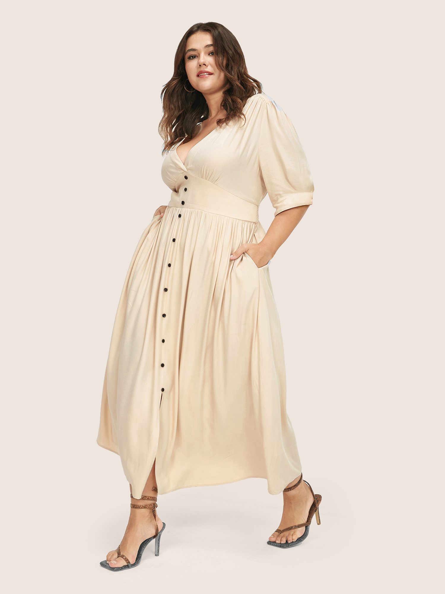 Plus Size Plunging Neck Button Detail Pocket Maxi Dress Beige Women Gathered V-neck Short sleeve Curvy Long Dress BloomChic 22/3X 