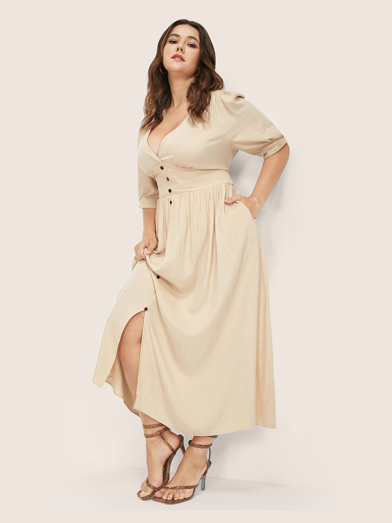 Plus Size Plunging Neck Button Detail Pocket Maxi Dress Beige Women Gathered V-neck Short sleeve Curvy Long Dress BloomChic 22/3X 