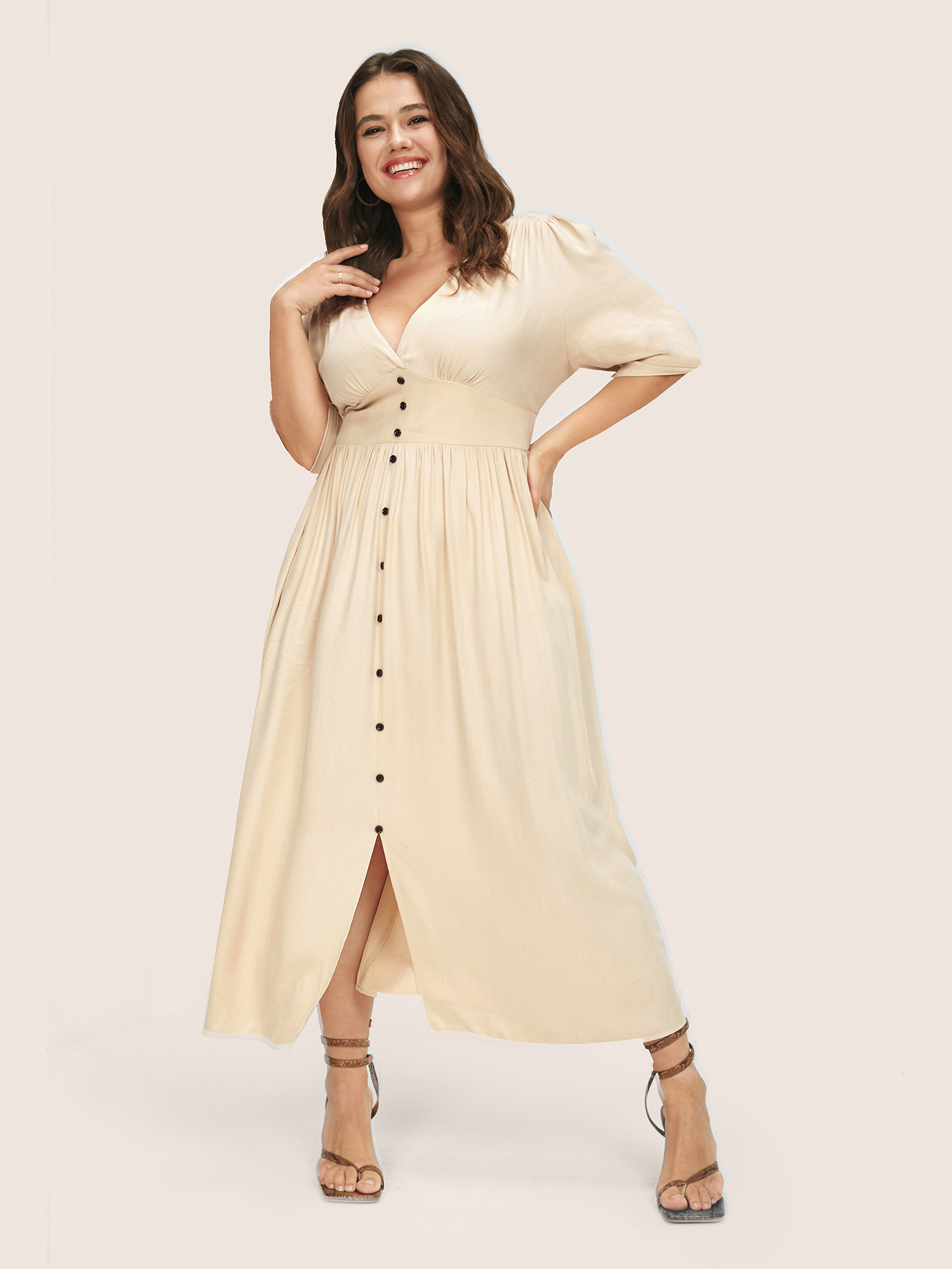 Plus Size Plunging Neck Button Detail Pocket Maxi Dress Beige Women Gathered V-neck Short sleeve Curvy Long Dress BloomChic 22/3X 