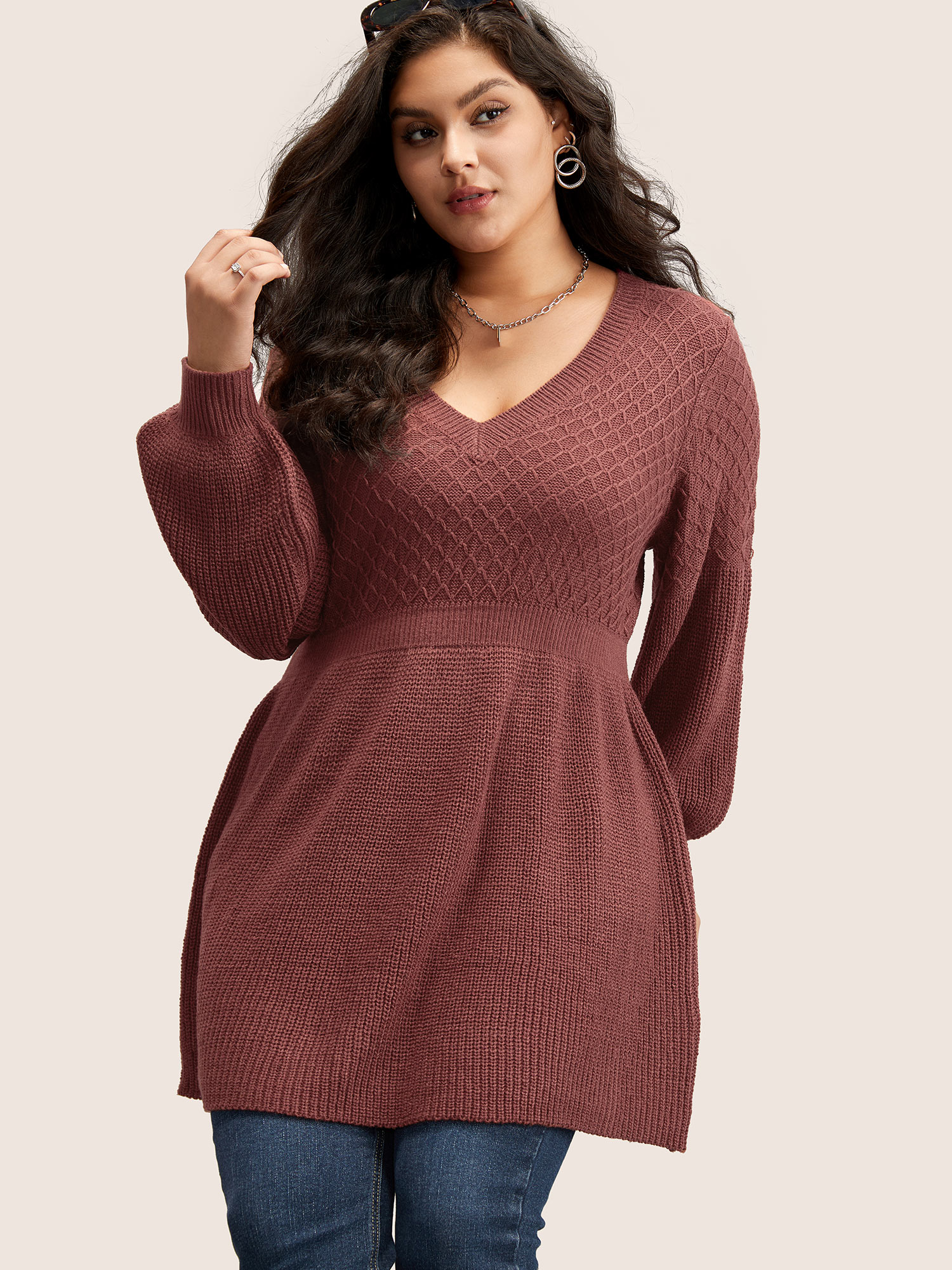 

Plus Size Plain Plisse Lantern Sleeve A Line Pullover Rust Women Elegant Long Sleeve V-neck Everyday Pullovers BloomChic