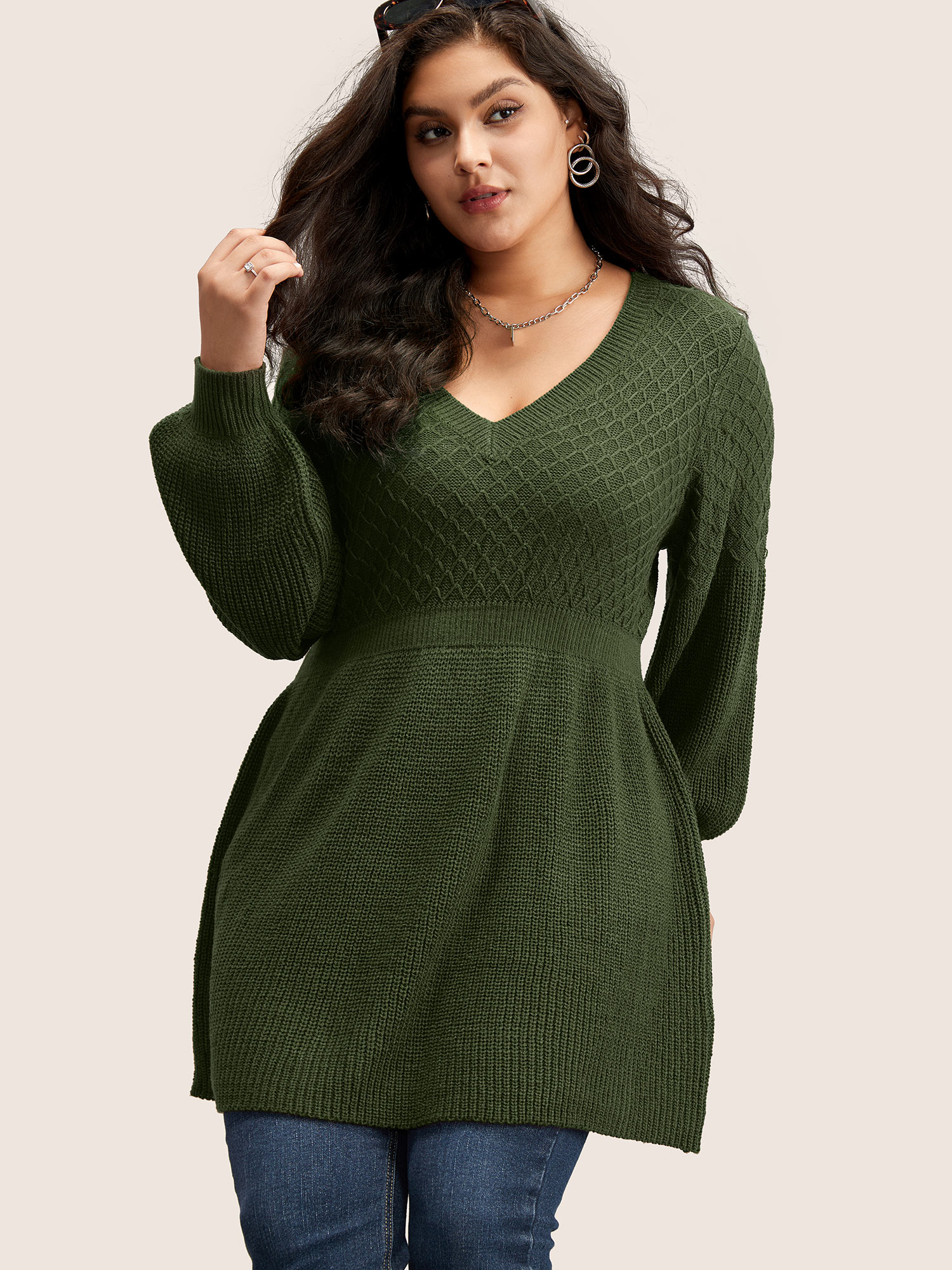 

Plus Size Plain Plisse Lantern Sleeve A Line Pullover Moss Women Elegant Long Sleeve V-neck Everyday Pullovers BloomChic