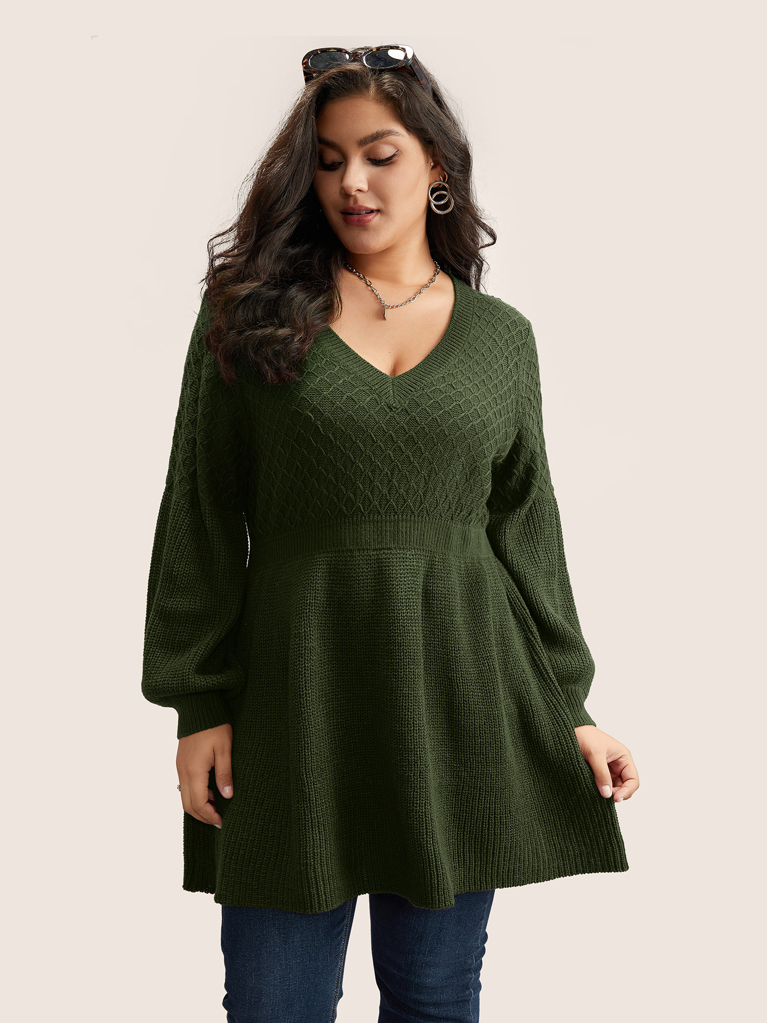 

Plus Size Plain Plisse Lantern Sleeve A Line Pullover Moss Women Elegant Long Sleeve V-neck Everyday Pullovers BloomChic