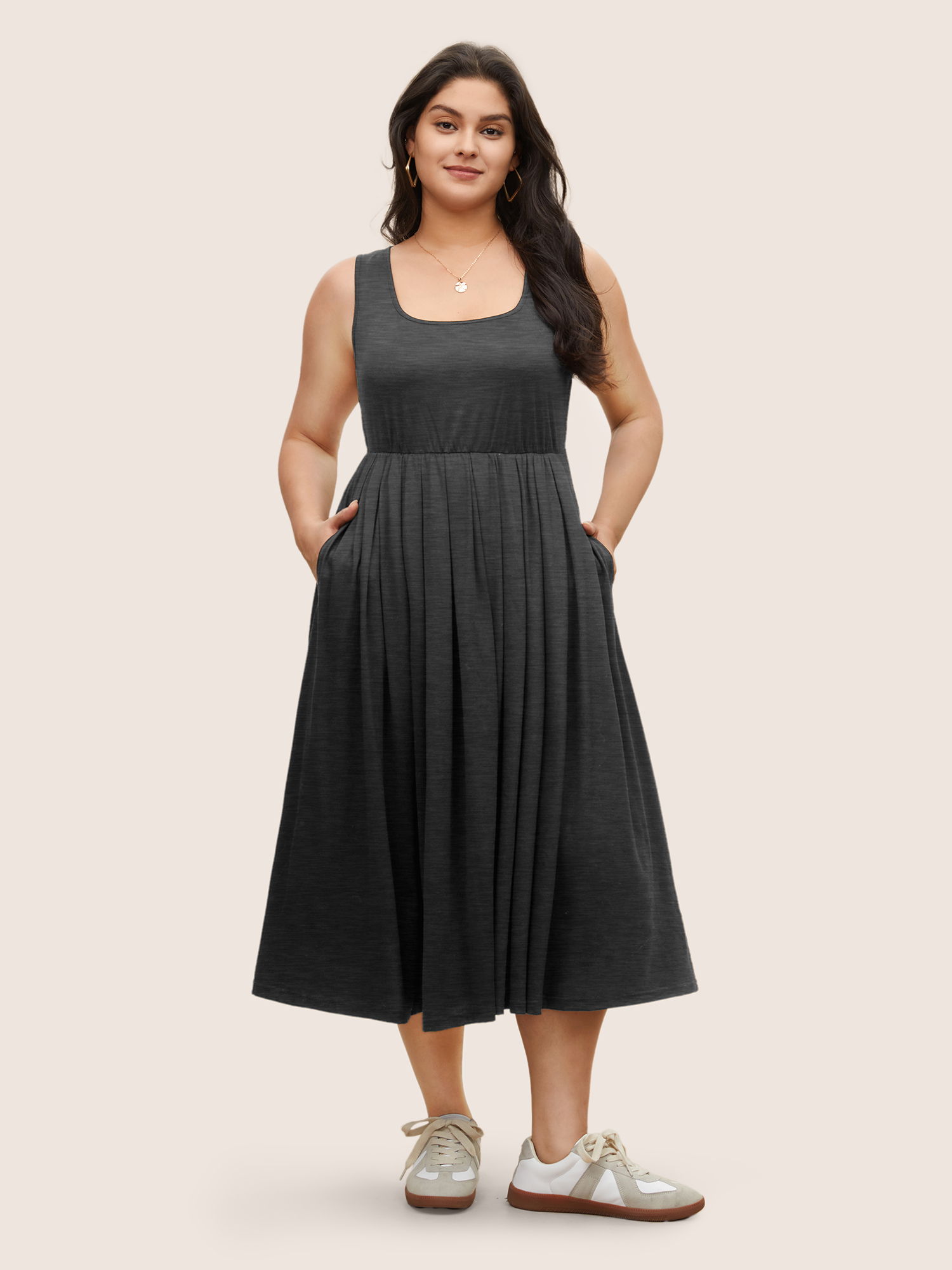 

Plus Size Supersoft Essentials Solid Gathered Tank Dress Mediumgray Women Basics Non U-neck Sleeveless Curvy Midi Dress BloomChic