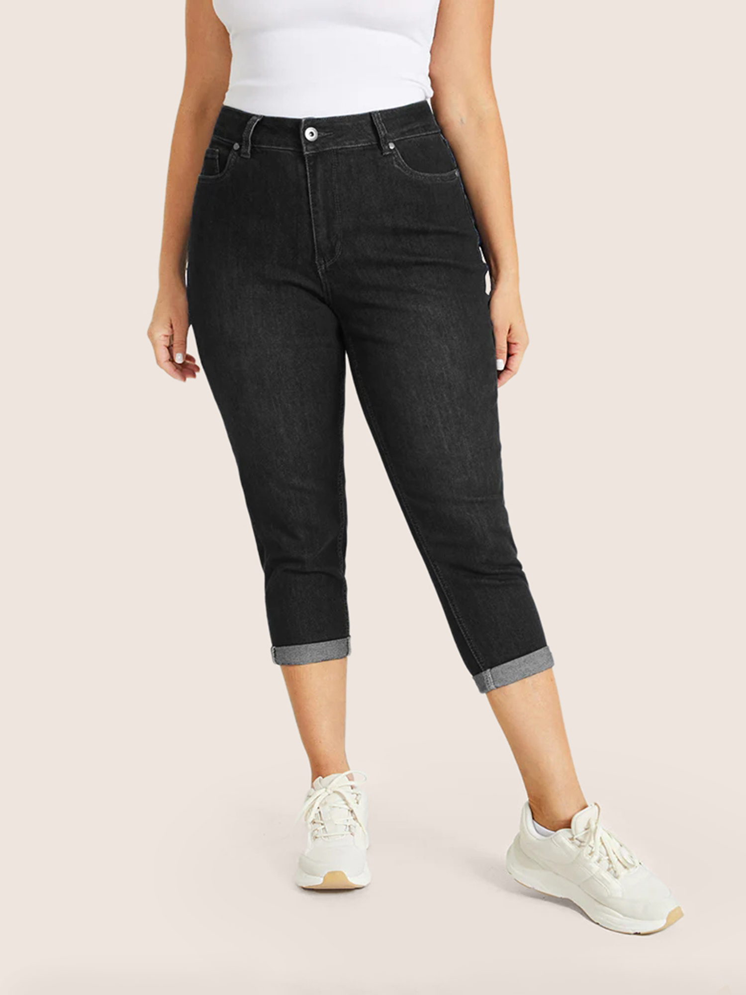 

Plus Size Very Stretchy High Rise Dark Wash Cropped Jeans Women Black Casual Plain High stretch Slanted pocket Jeans BloomChic