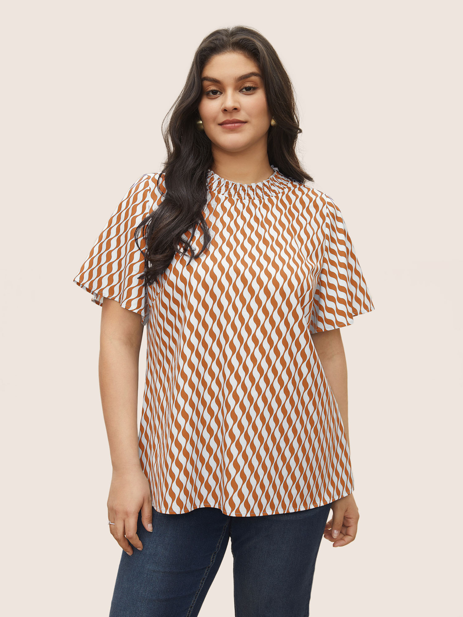 

Plus Size Chocolate Geometric Mock Neck Shirred Ruffle Sleeve Blouse Women At the Office Short sleeve Mock Neck Work Blouses BloomChic