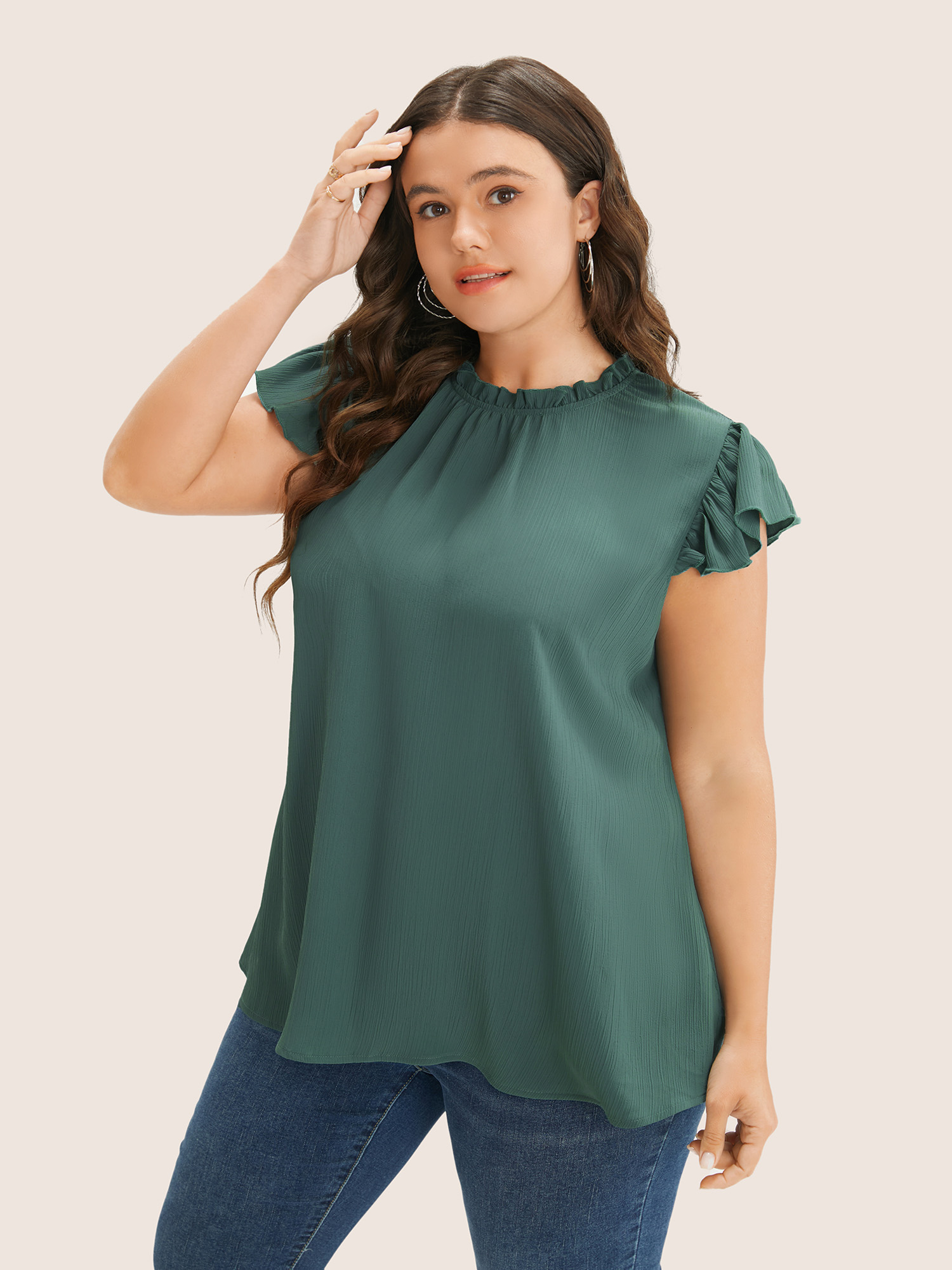 

Plus Size Mint Plain Mock Neck Cap Sleeve Ruffle Trim Blouse Women Elegant Short sleeve Mock Neck Everyday Blouses BloomChic