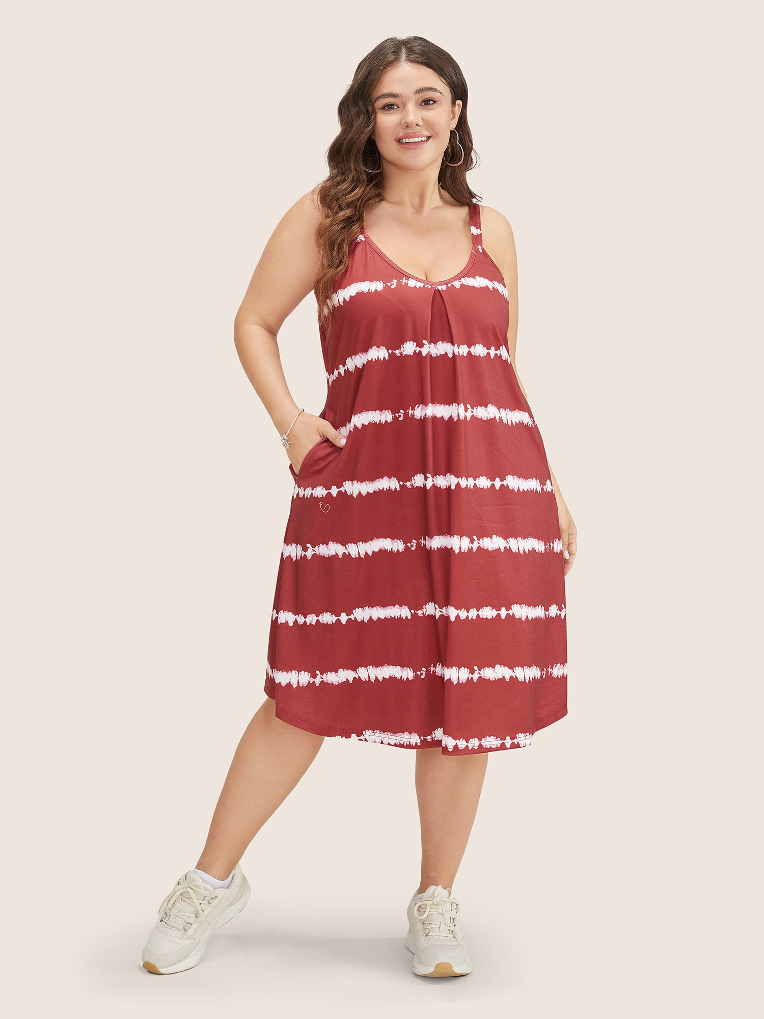 

Plus Size Tie Dye Plicated Detail Pocket Striped Cami Dress Russet Women Casual Non V-neck Sleeveless Curvy Knee Dress BloomChic