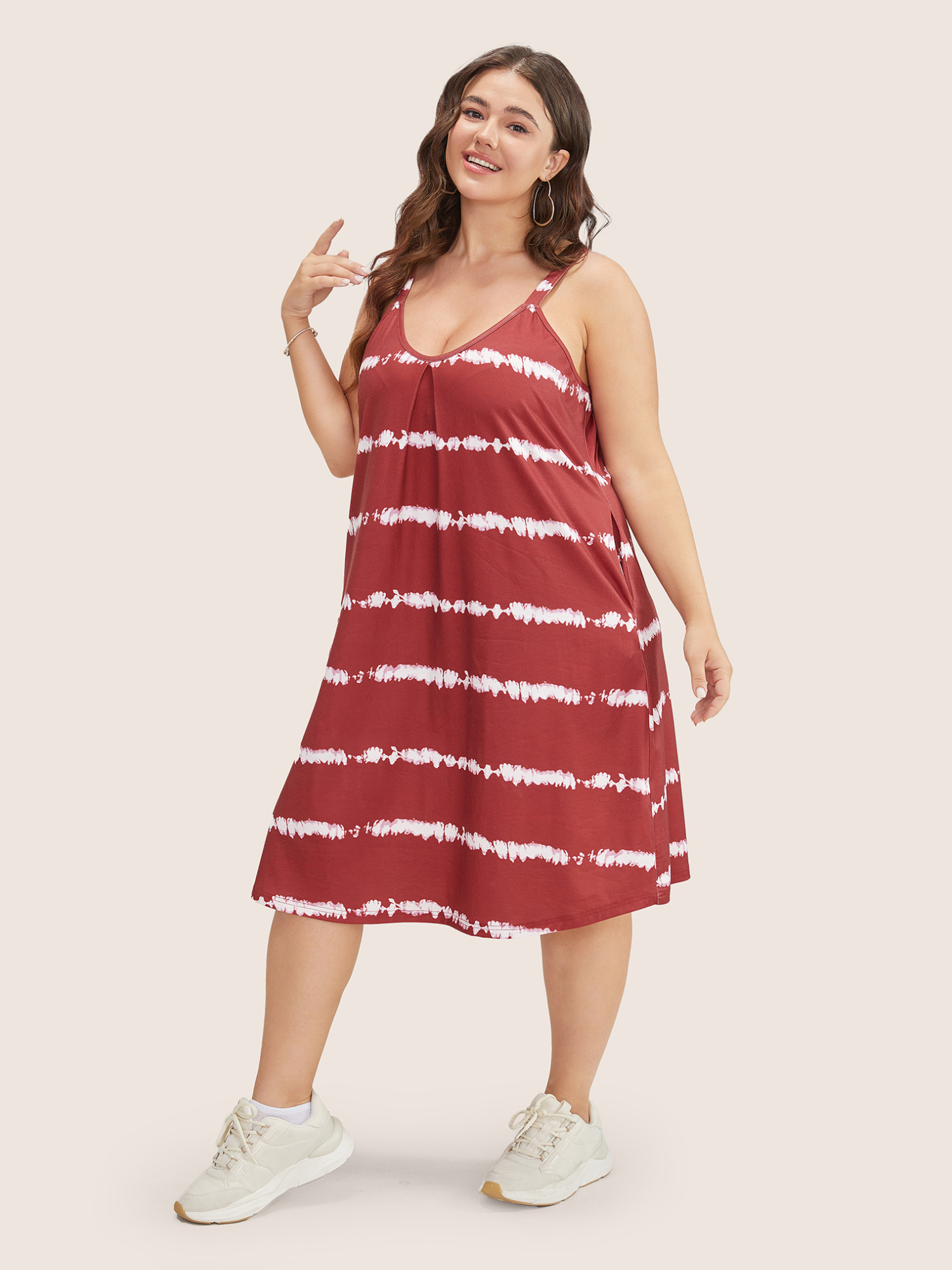 

Plus Size Tie Dye Plicated Detail Pocket Striped Cami Dress Russet Women Non Curvy Knee Dress BloomChic