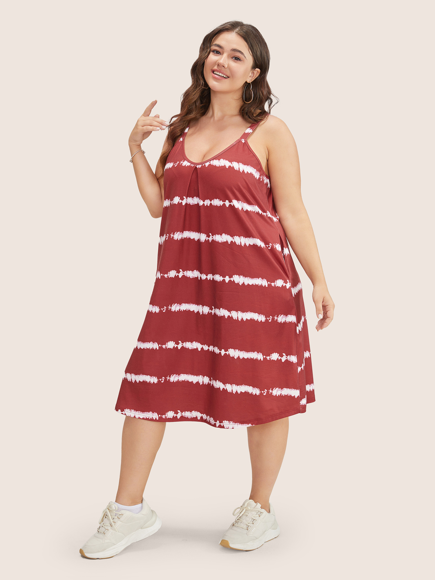 

Plus Size Tie Dye Plicated Detail Pocket Striped Cami Dress Russet Women Casual Non V-neck Sleeveless Curvy Knee Dress BloomChic