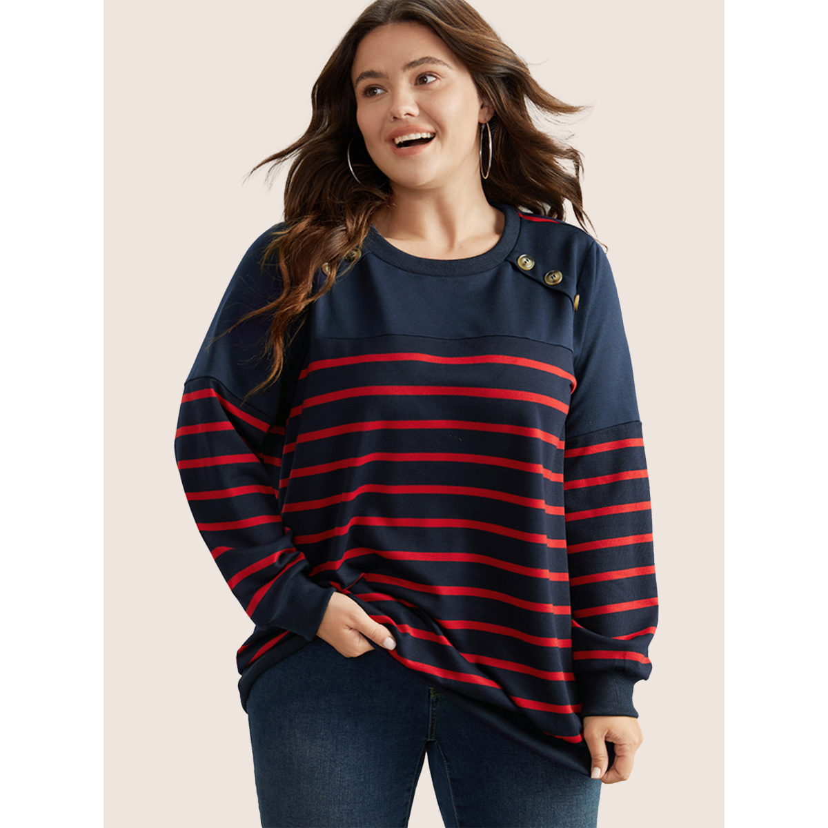 

Plus Size Striped Patchwork Button Detail Sweatshirt Women Midnight Casual Non Round Neck Everyday Sweatshirts BloomChic