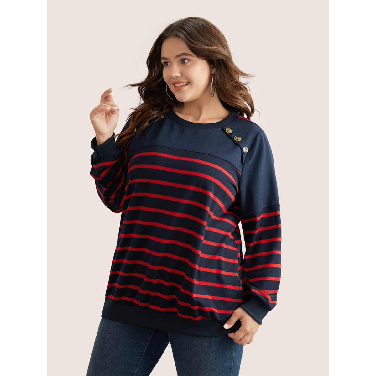 

Plus Size Striped Patchwork Button Detail Sweatshirt Women Midnight Casual Non Round Neck Everyday Sweatshirts BloomChic