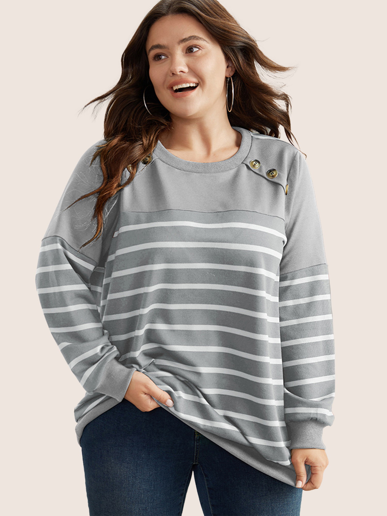 

Plus Size Striped Patchwork Button Detail Sweatshirt Women Gray Casual Non Round Neck Everyday Sweatshirts BloomChic