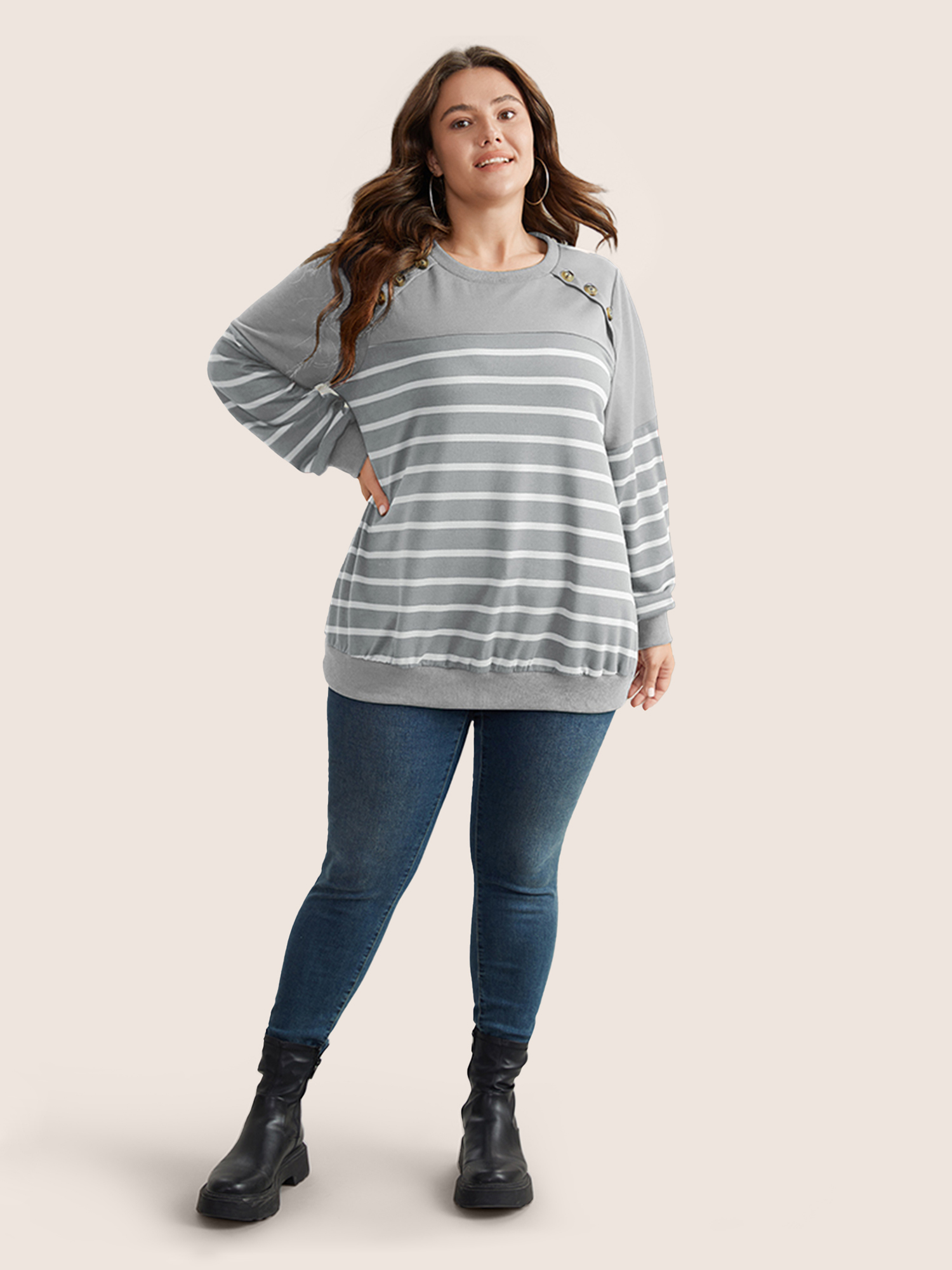 Plus Size Striped Patchwork Button Detail Sweatshirt Women Gray Casual Non Round Neck Everyday Sweatshirts BloomChic 30/6X 