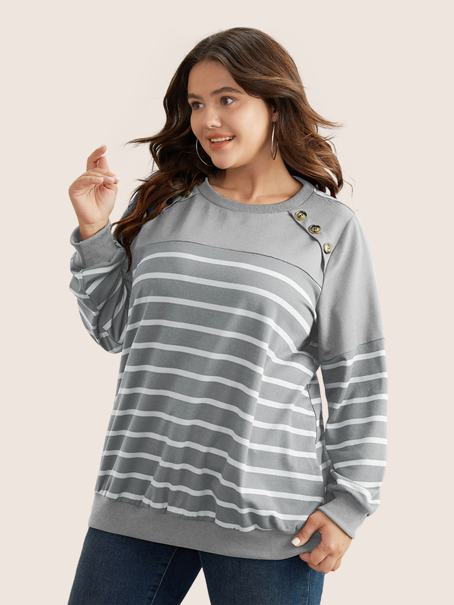 Plus Size Striped Patchwork Button Detail Sweatshirt Women Gray Casual Non Round Neck Everyday Sweatshirts BloomChic 30/6X 