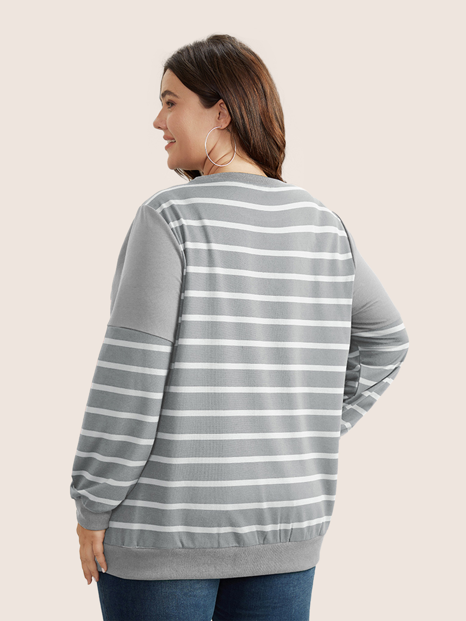 

Plus Size Striped Patchwork Button Detail Sweatshirt Women Gray Casual Non Round Neck Everyday Sweatshirts BloomChic