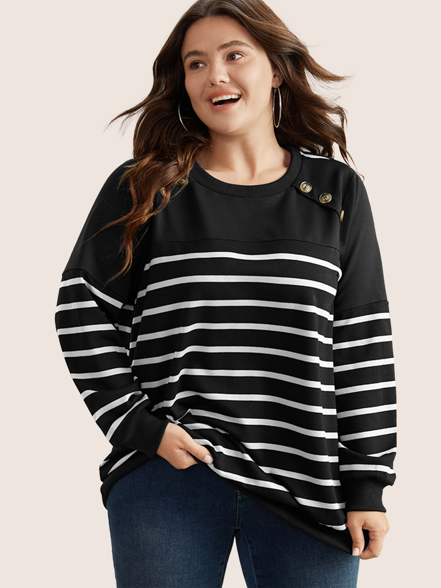 

Plus Size Striped Patchwork Button Detail Sweatshirt Women Black Casual Non Round Neck Everyday Sweatshirts BloomChic