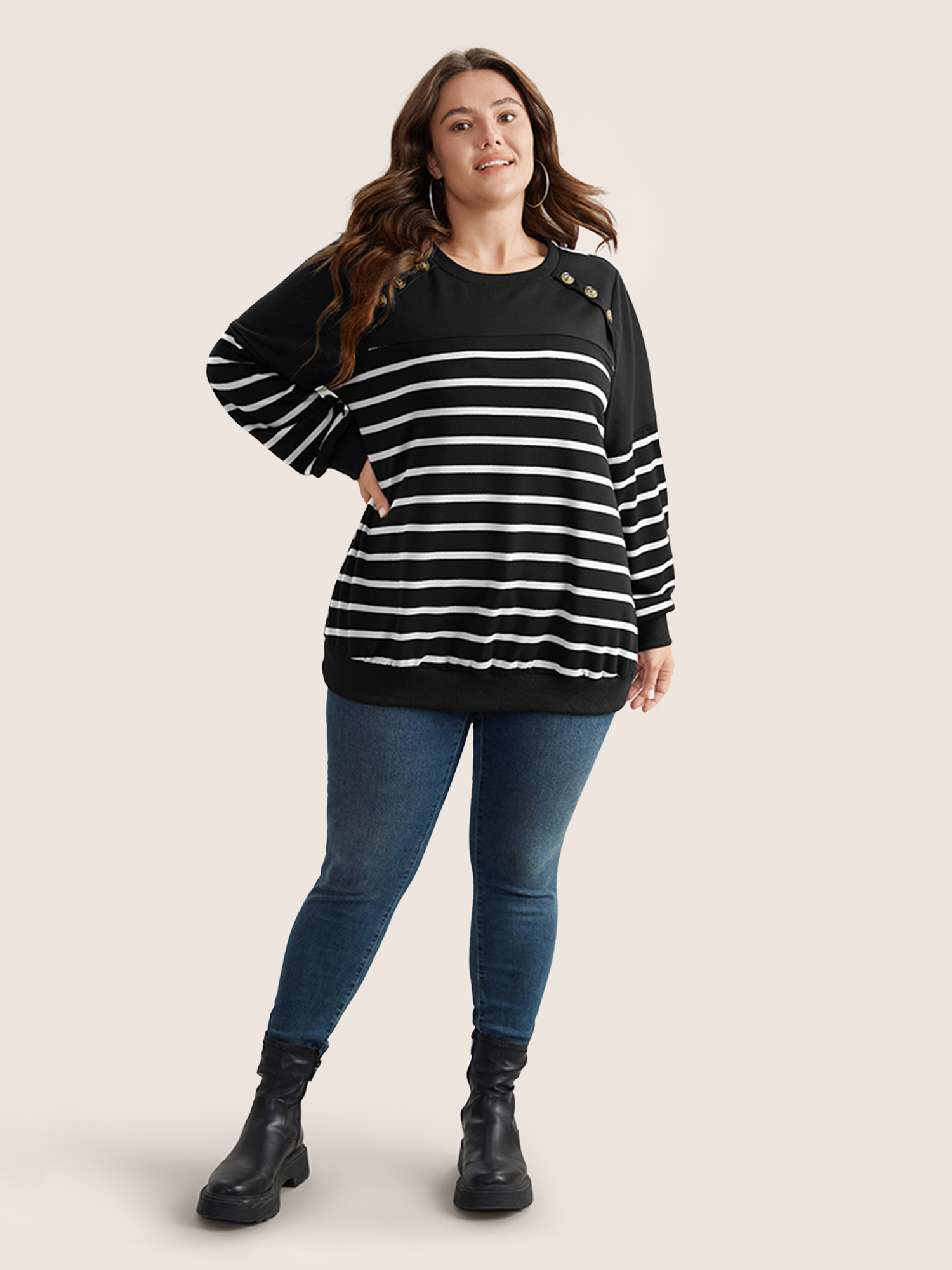 Plus Size Striped Patchwork Button Detail Sweatshirt Women Black Casual Non Round Neck Everyday Sweatshirts BloomChic 26/4X 