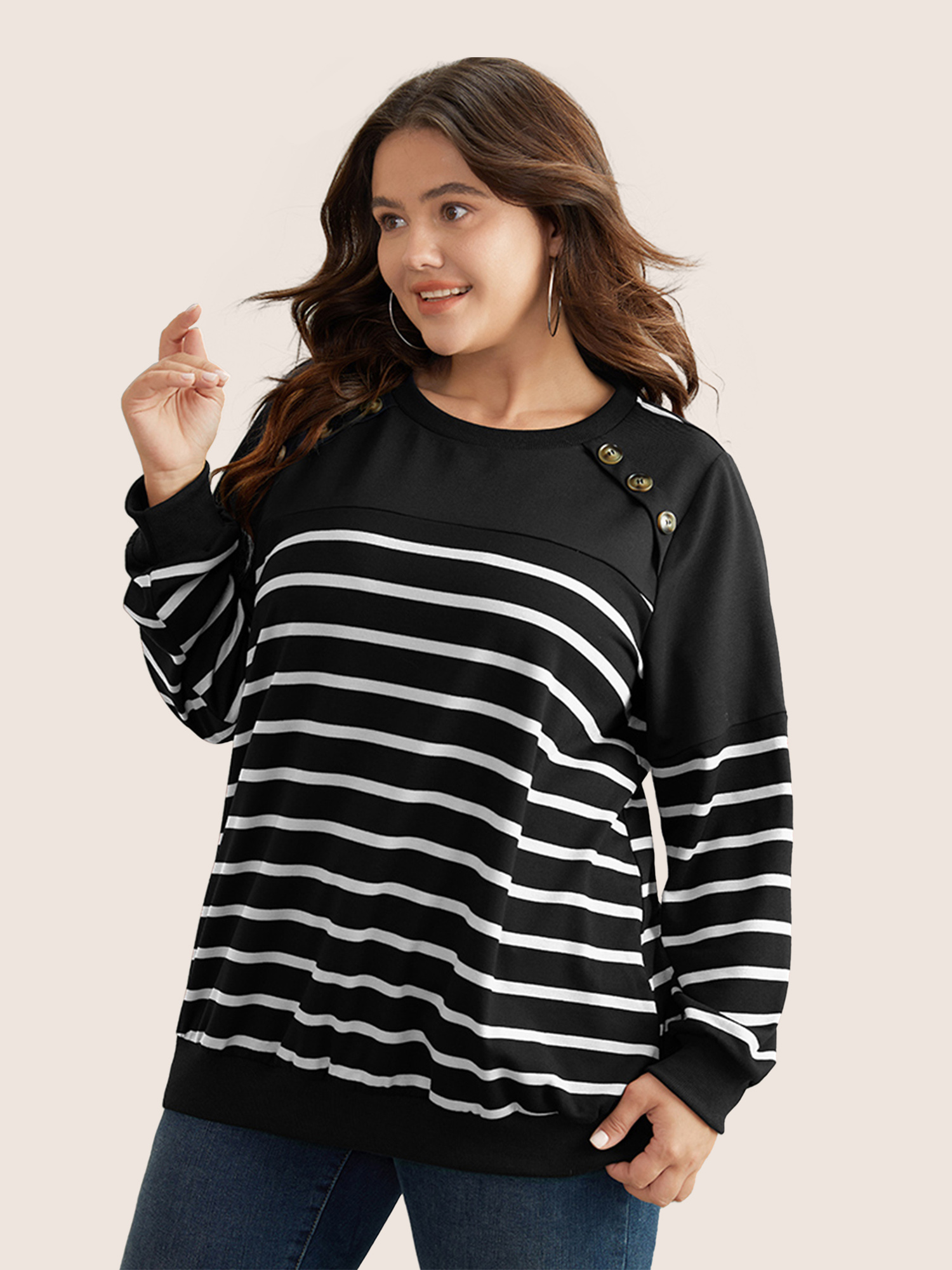 

Plus Size Striped Patchwork Button Detail Sweatshirt Women Black Casual Non Round Neck Everyday Sweatshirts BloomChic