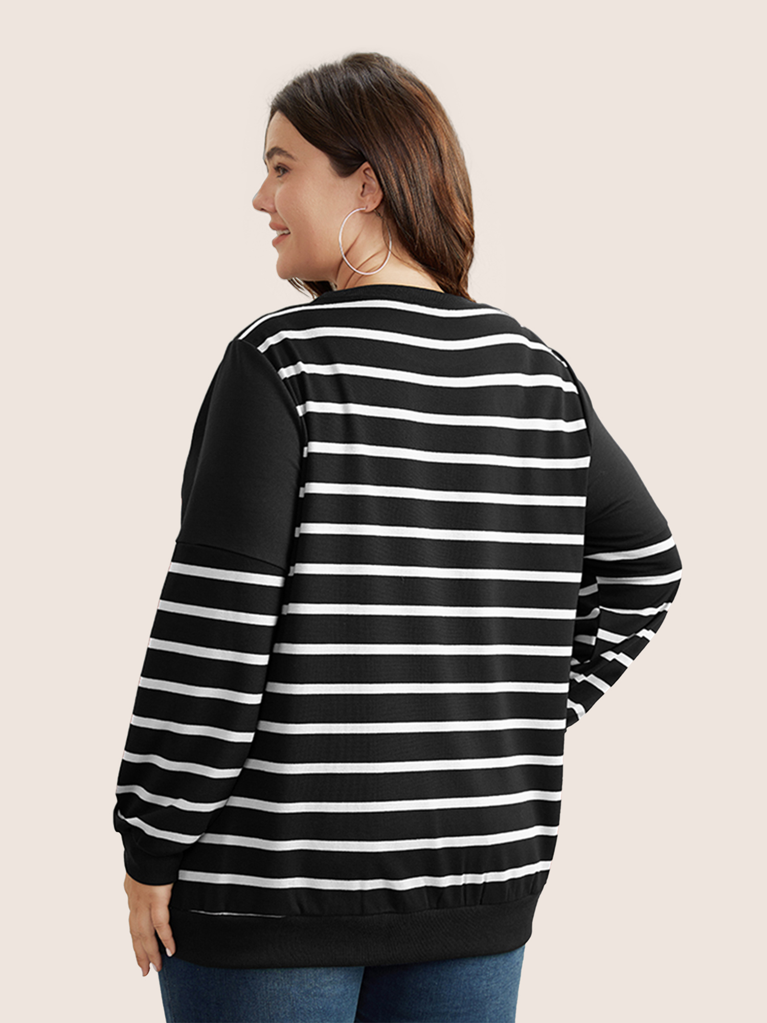 Plus Size Striped Patchwork Button Detail Sweatshirt Women Black Casual Non Round Neck Everyday Sweatshirts BloomChic 26/4X 