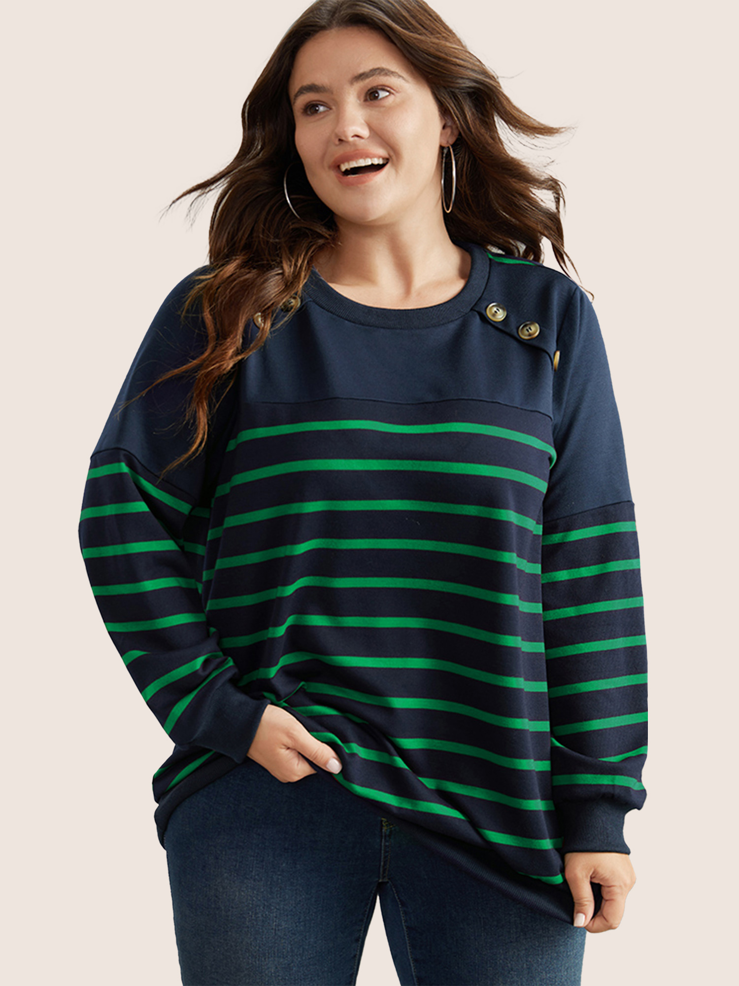 

Plus Size Striped Patchwork Button Detail Sweatshirt Women Blue Casual Non Round Neck Everyday Sweatshirts BloomChic