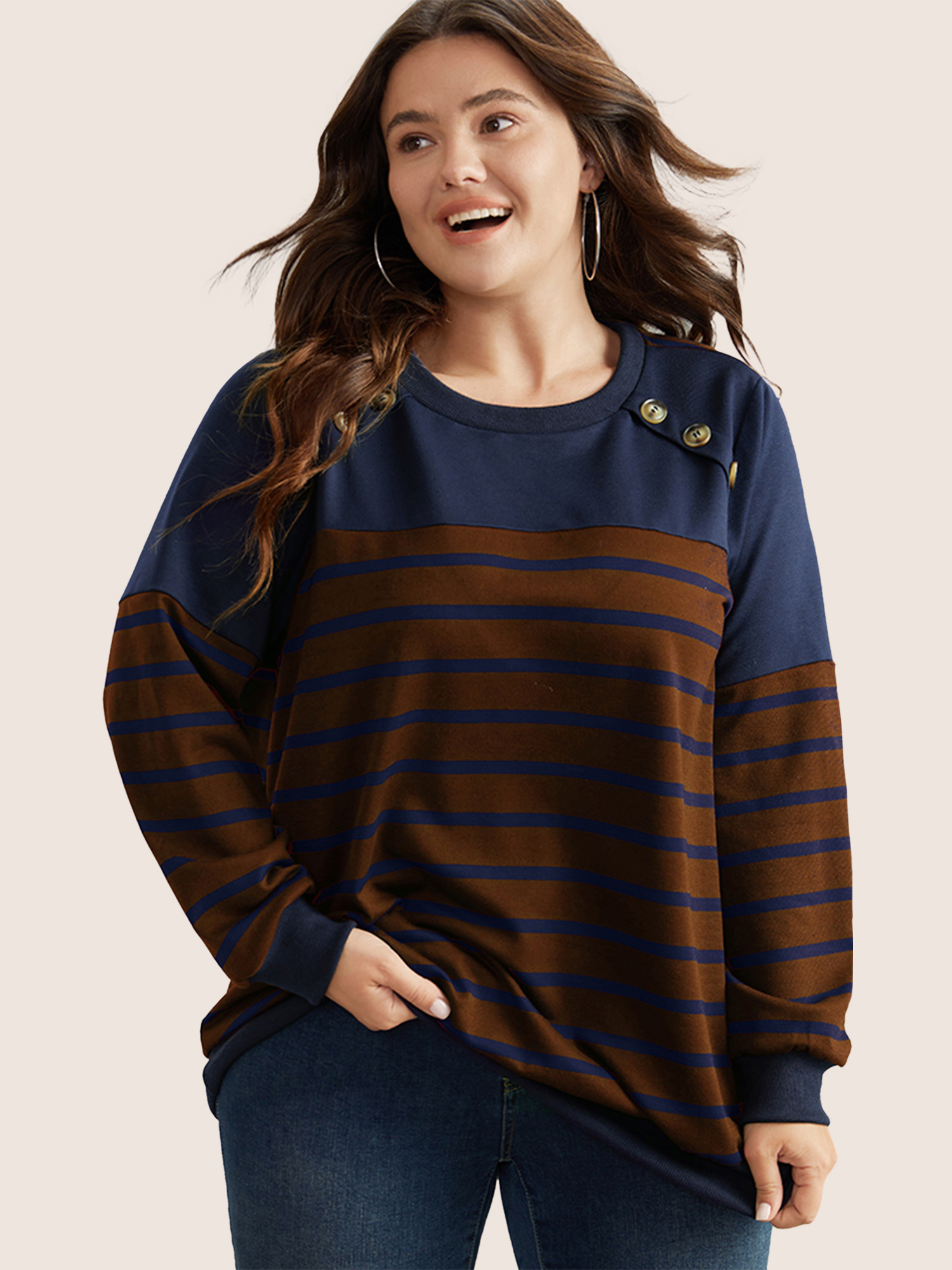 

Plus Size Striped Patchwork Button Detail Sweatshirt Women Bronze Casual Non Round Neck Everyday Sweatshirts BloomChic