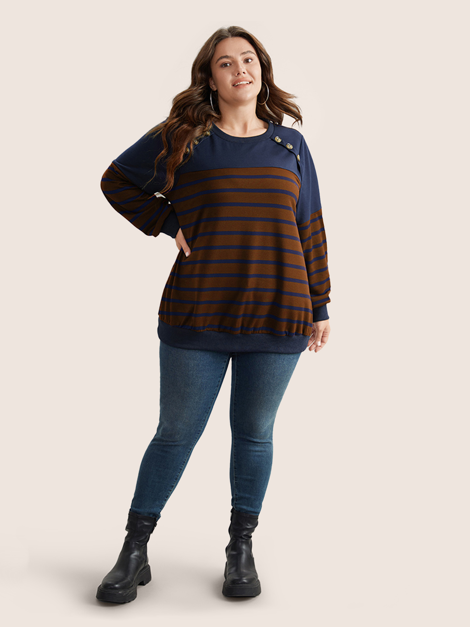 Plus Size Striped Patchwork Button Detail Sweatshirt Women Bronze Casual Non Round Neck Everyday Sweatshirts BloomChic 30/6X 