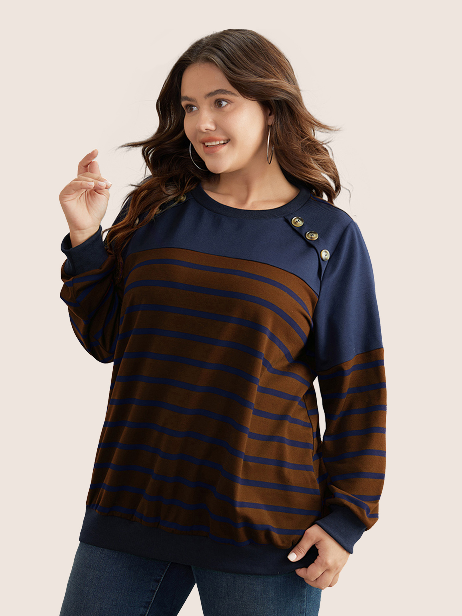 Plus Size Striped Patchwork Button Detail Sweatshirt Women Bronze Casual Non Round Neck Everyday Sweatshirts BloomChic 30/6X 