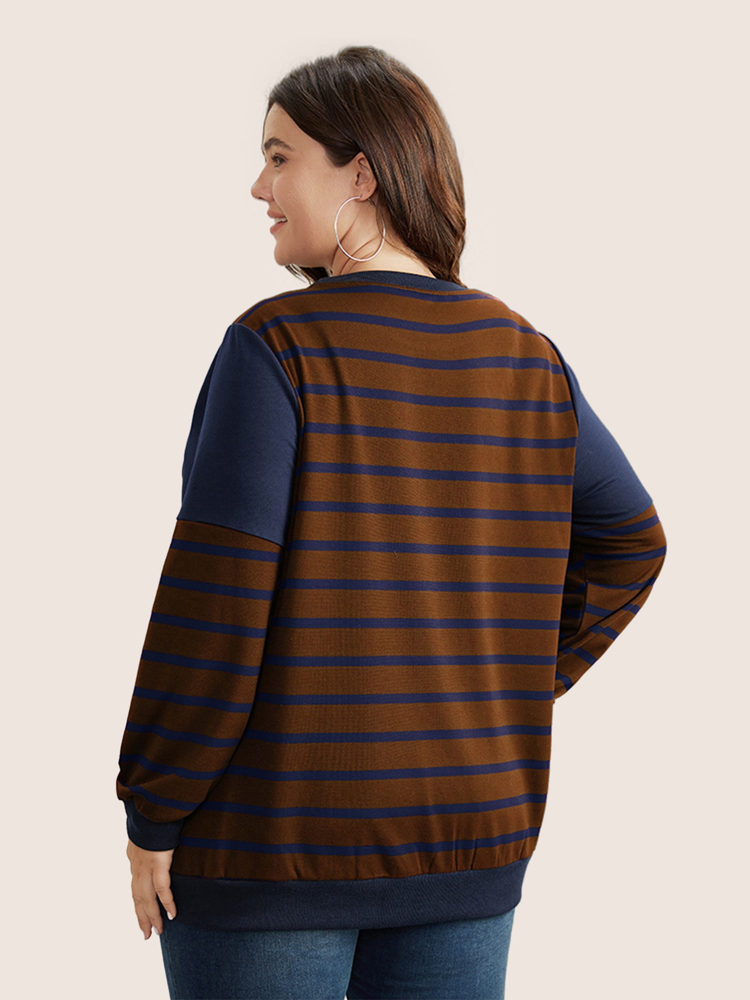 

Plus Size Striped Patchwork Button Detail Sweatshirt Women Bronze Casual Non Round Neck Everyday Sweatshirts BloomChic