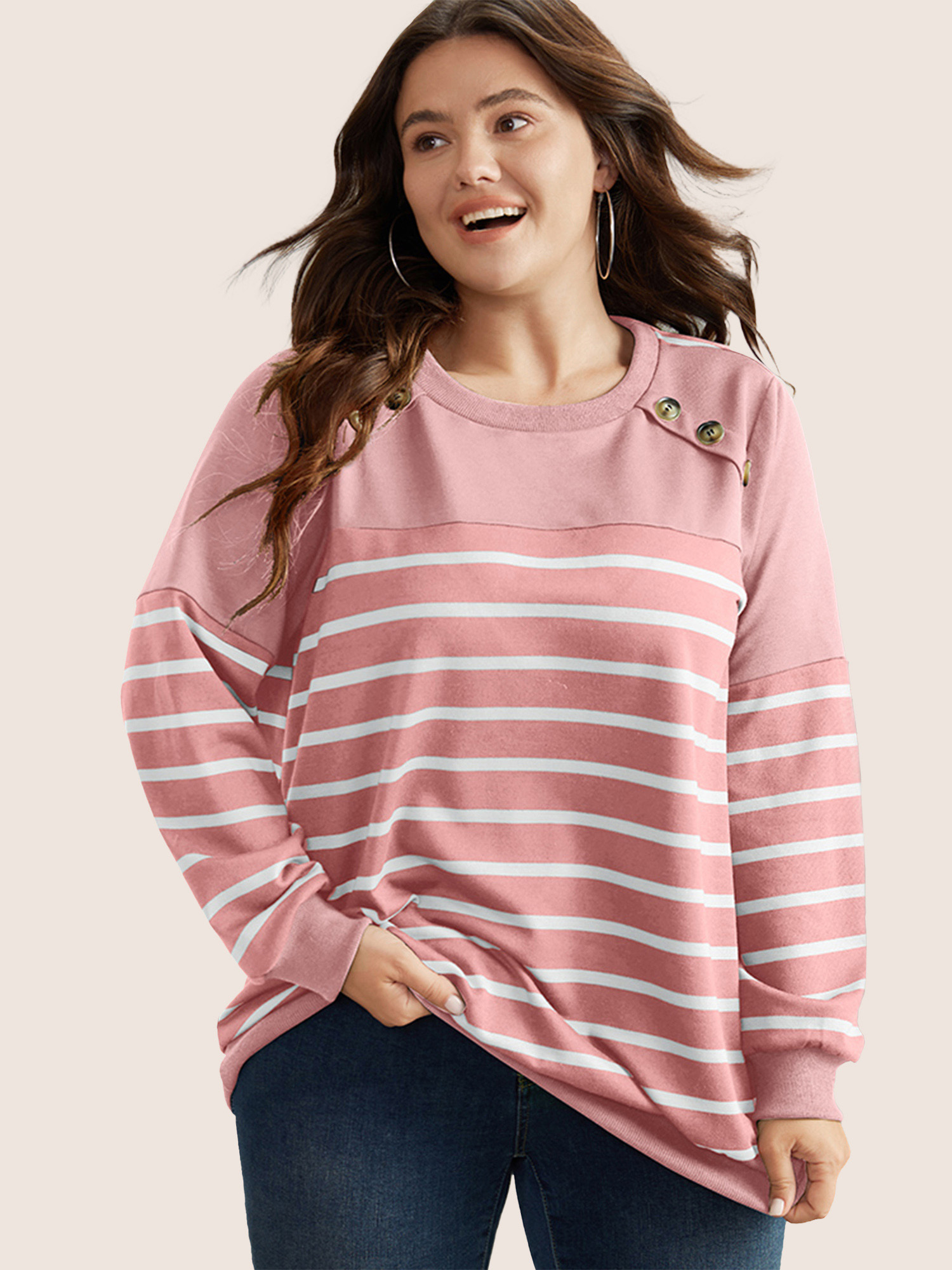 

Plus Size Striped Patchwork Button Detail Sweatshirt Women Pink Casual Non Round Neck Everyday Sweatshirts BloomChic