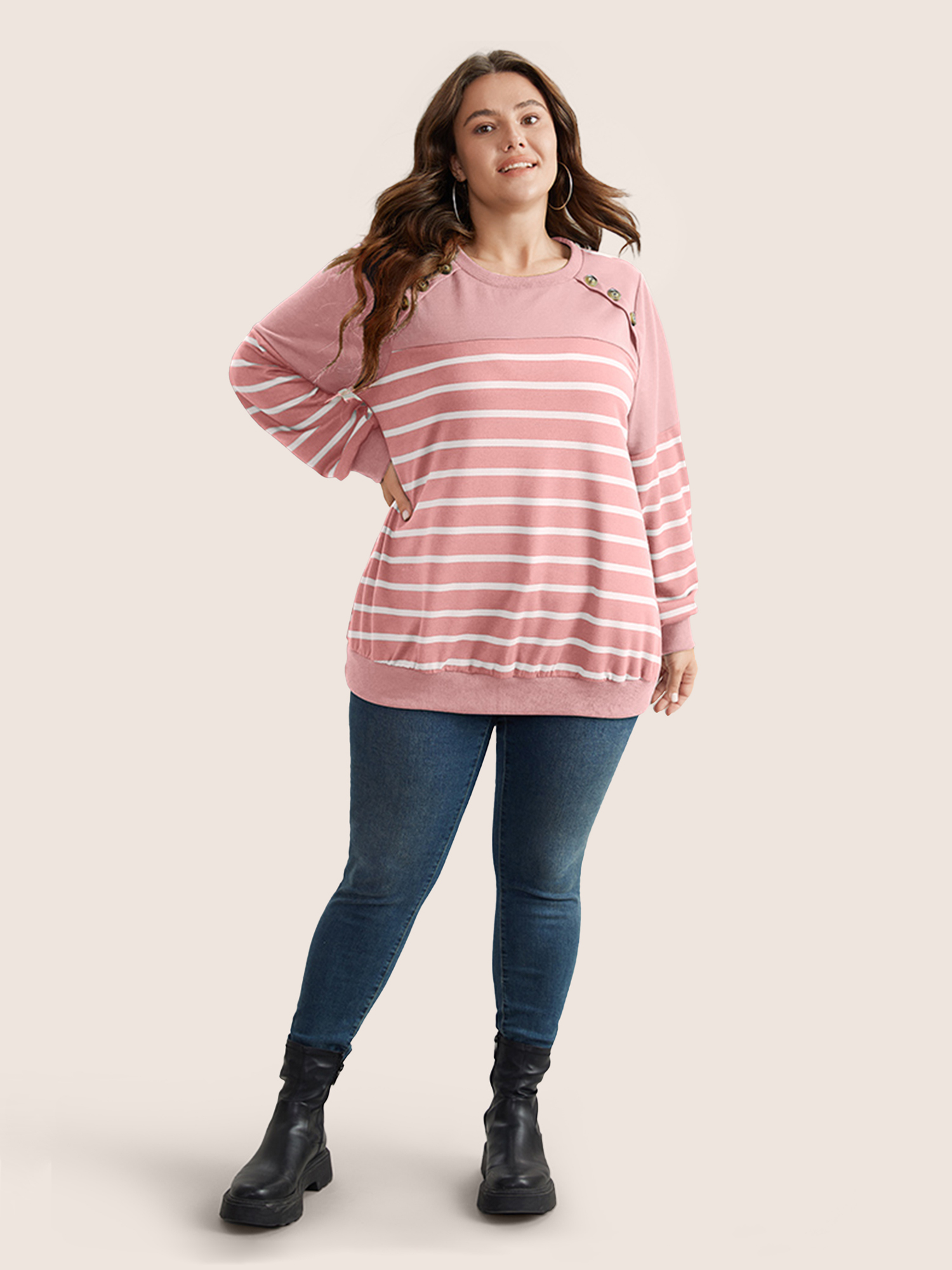 Plus Size Striped Patchwork Button Detail Sweatshirt Women Pink Casual Non Round Neck Everyday Sweatshirts BloomChic 10/M 