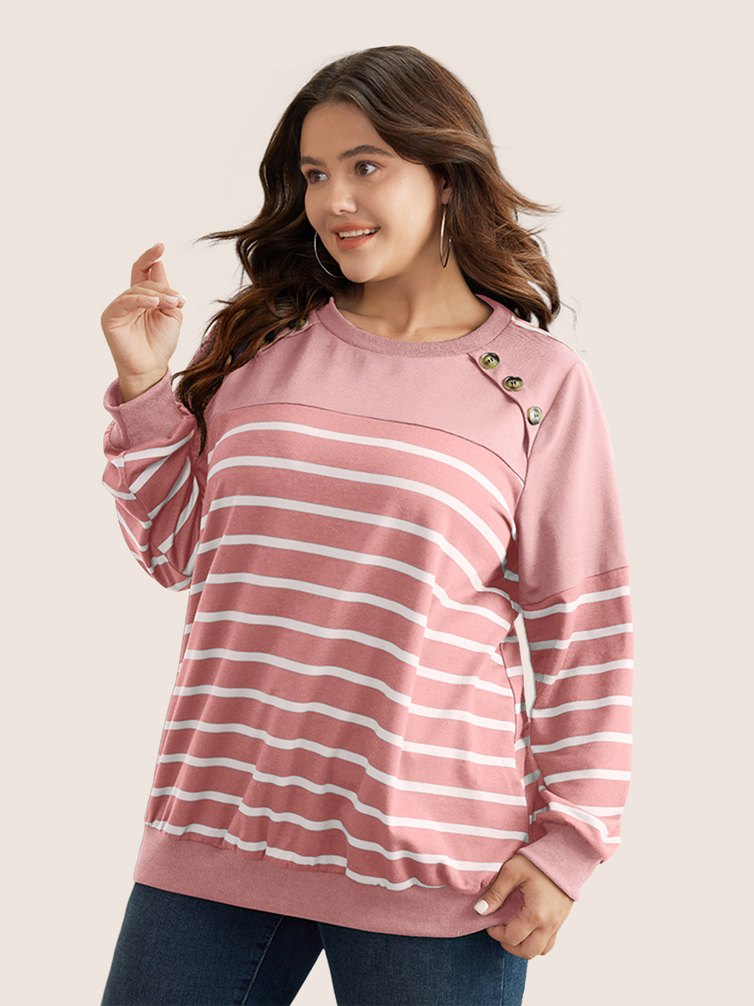 Plus Size Striped Patchwork Button Detail Sweatshirt Women Pink Casual Non Round Neck Everyday Sweatshirts BloomChic 10/M 