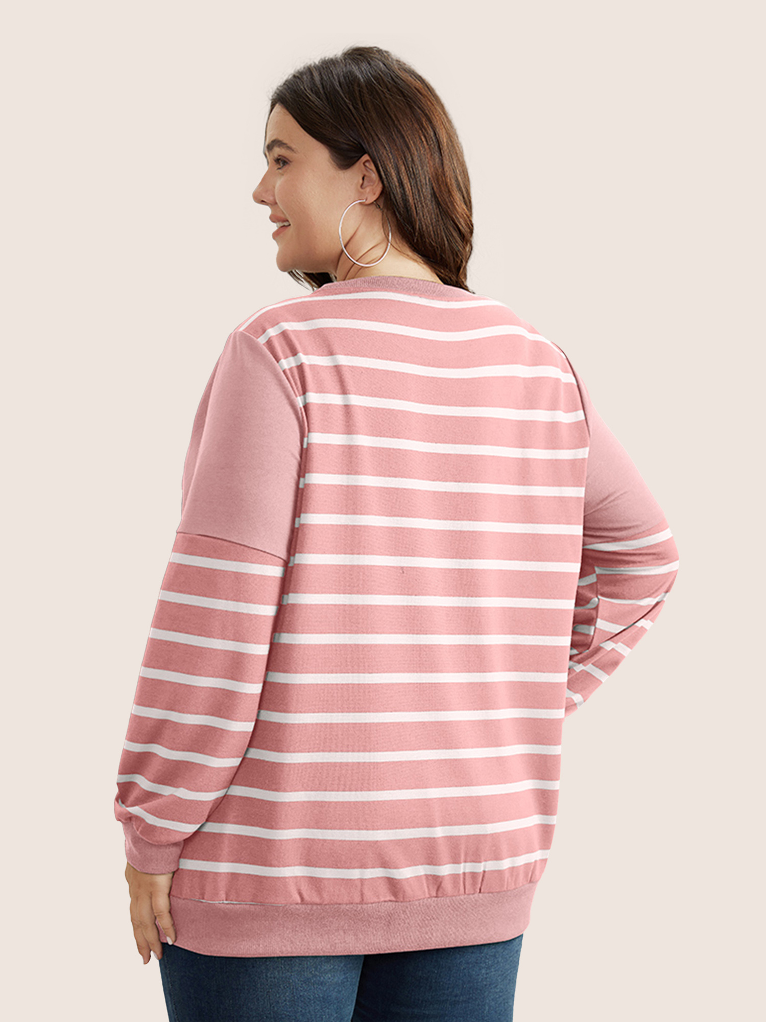 

Plus Size Striped Patchwork Button Detail Sweatshirt Women Pink Casual Non Round Neck Everyday Sweatshirts BloomChic