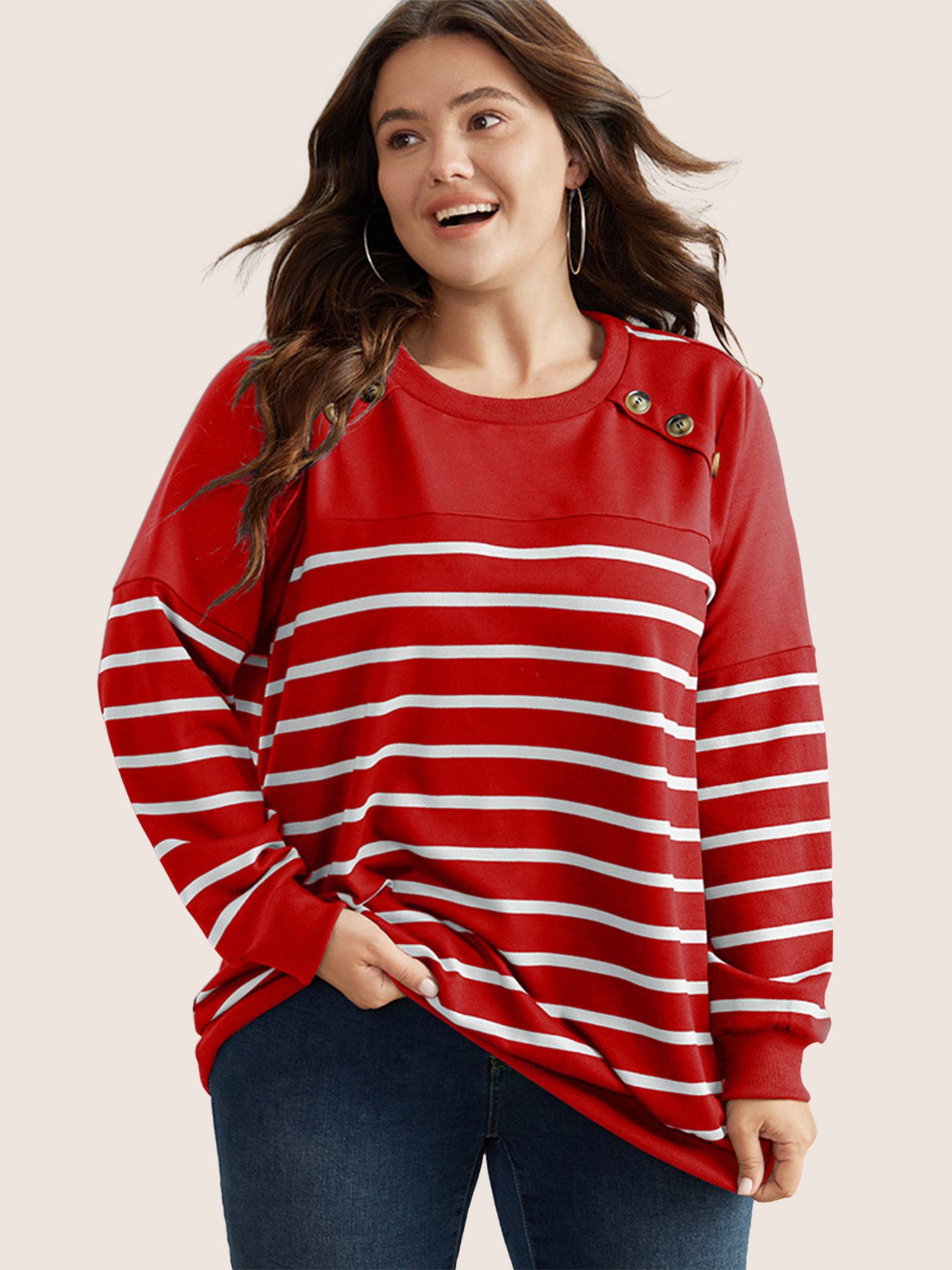 

Plus Size Striped Patchwork Button Detail Sweatshirt Women Red Casual Non Round Neck Everyday Sweatshirts BloomChic