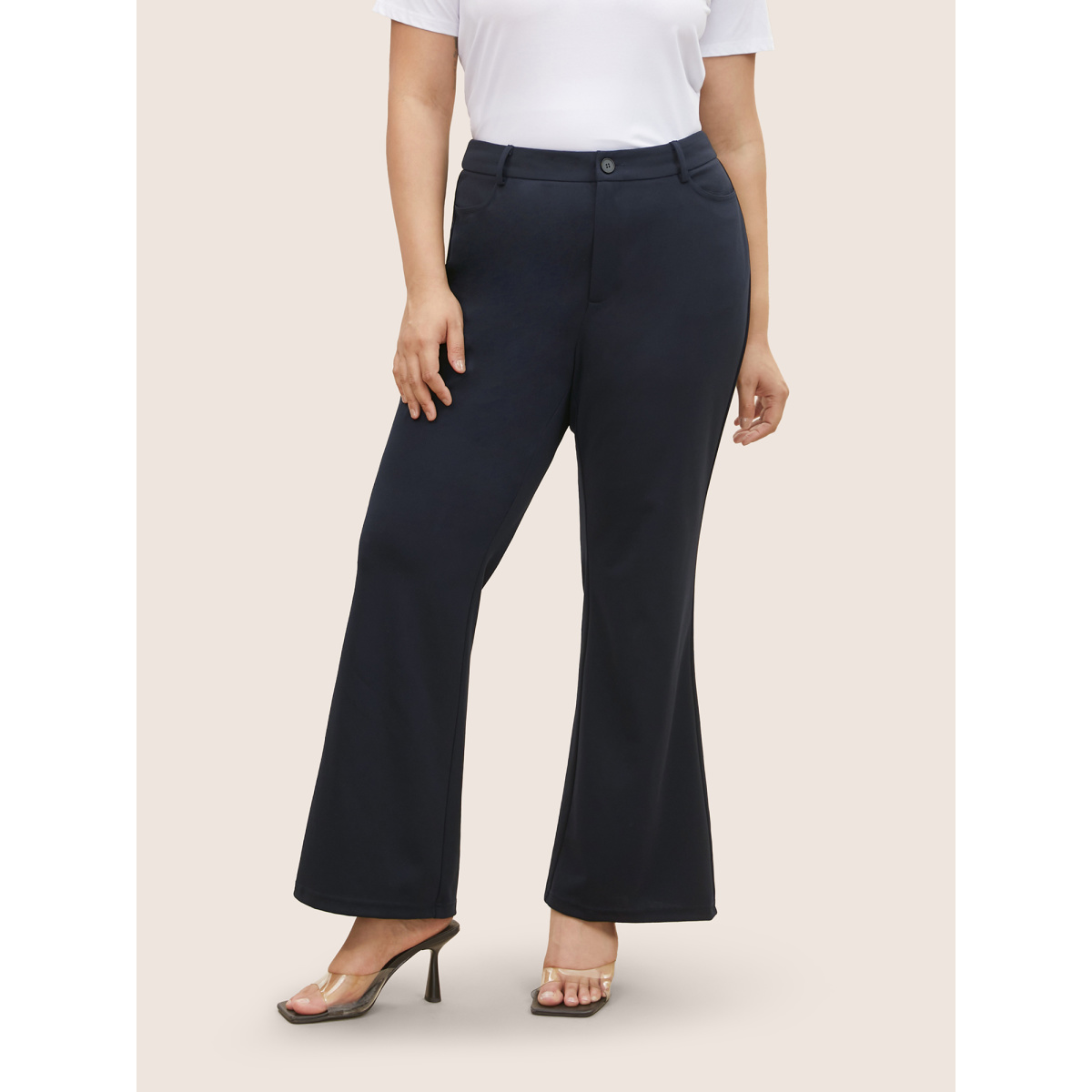 

Plus Size High Rise Slanted Pocket Flare Leg Pants Women Blue At the Office Flare Leg High Rise Work Pants BloomChic