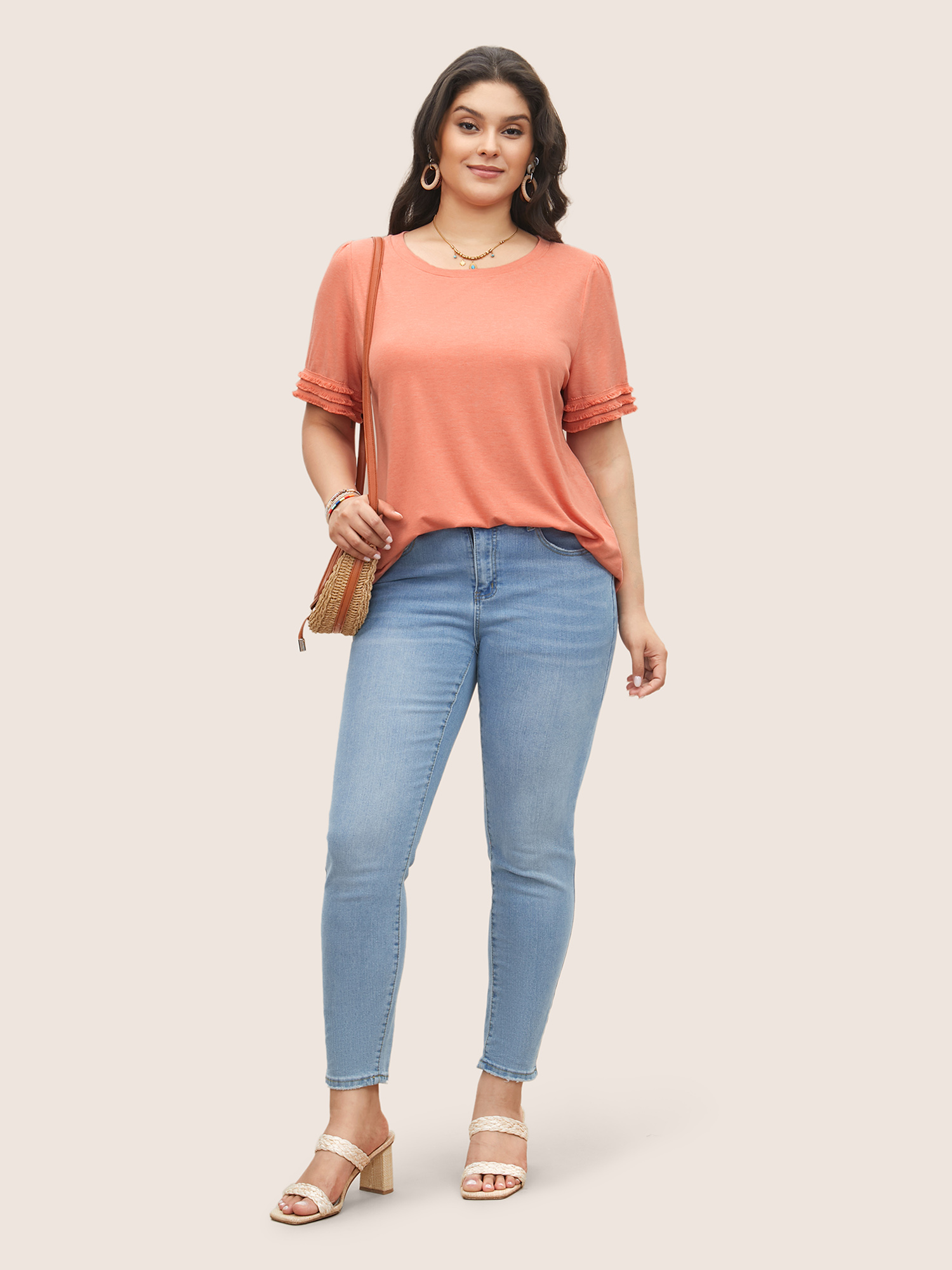 Plus Size Round Neck Solid Tiered Fuzzy Trim T-shirt Coral Women Resort Tassels Round Neck Vacation T-shirts BloomChic 22-24/3X 