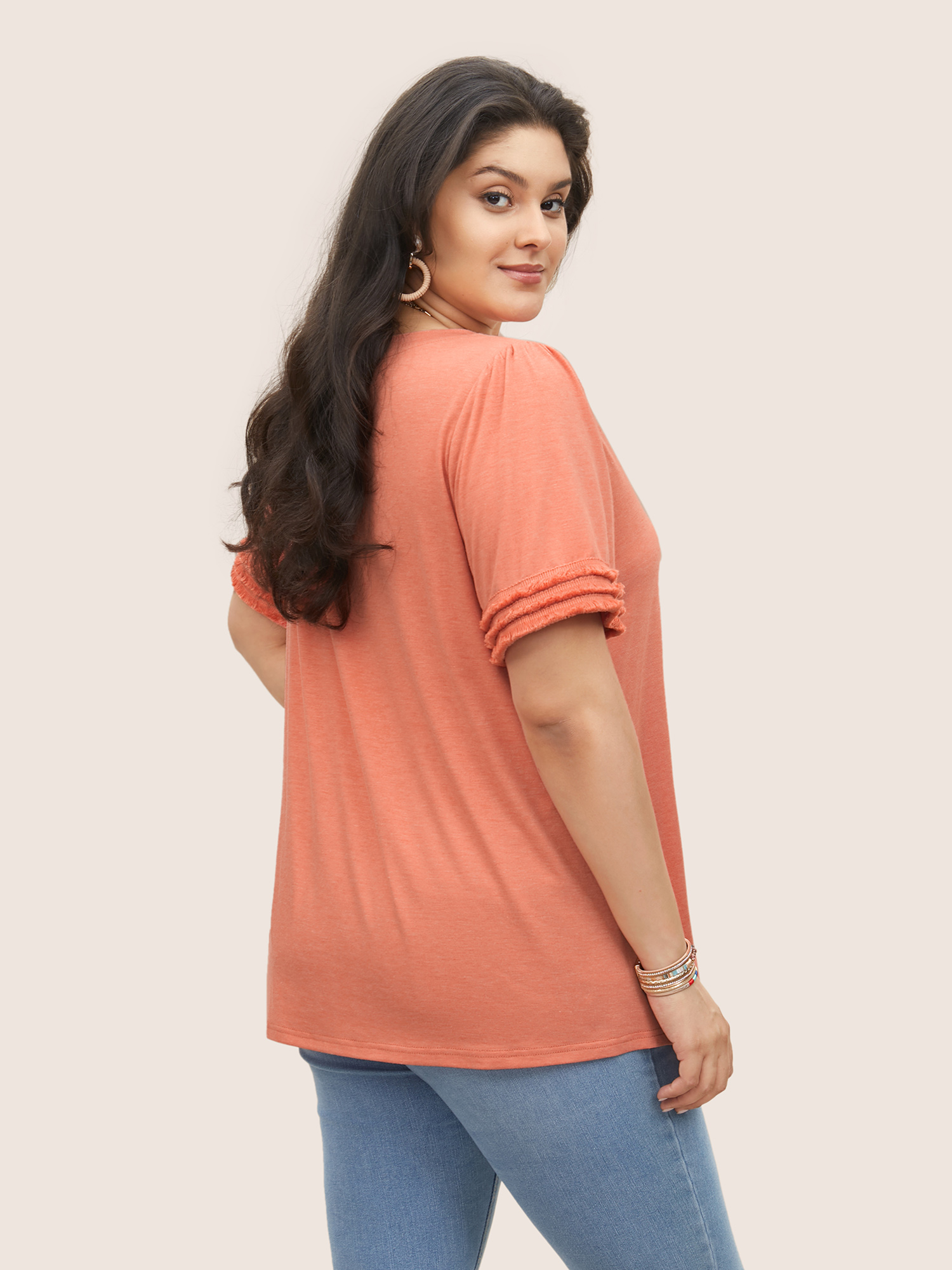 Plus Size Round Neck Solid Tiered Fuzzy Trim T-shirt Coral Women Resort Tassels Round Neck Vacation T-shirts BloomChic 22-24/3X 
