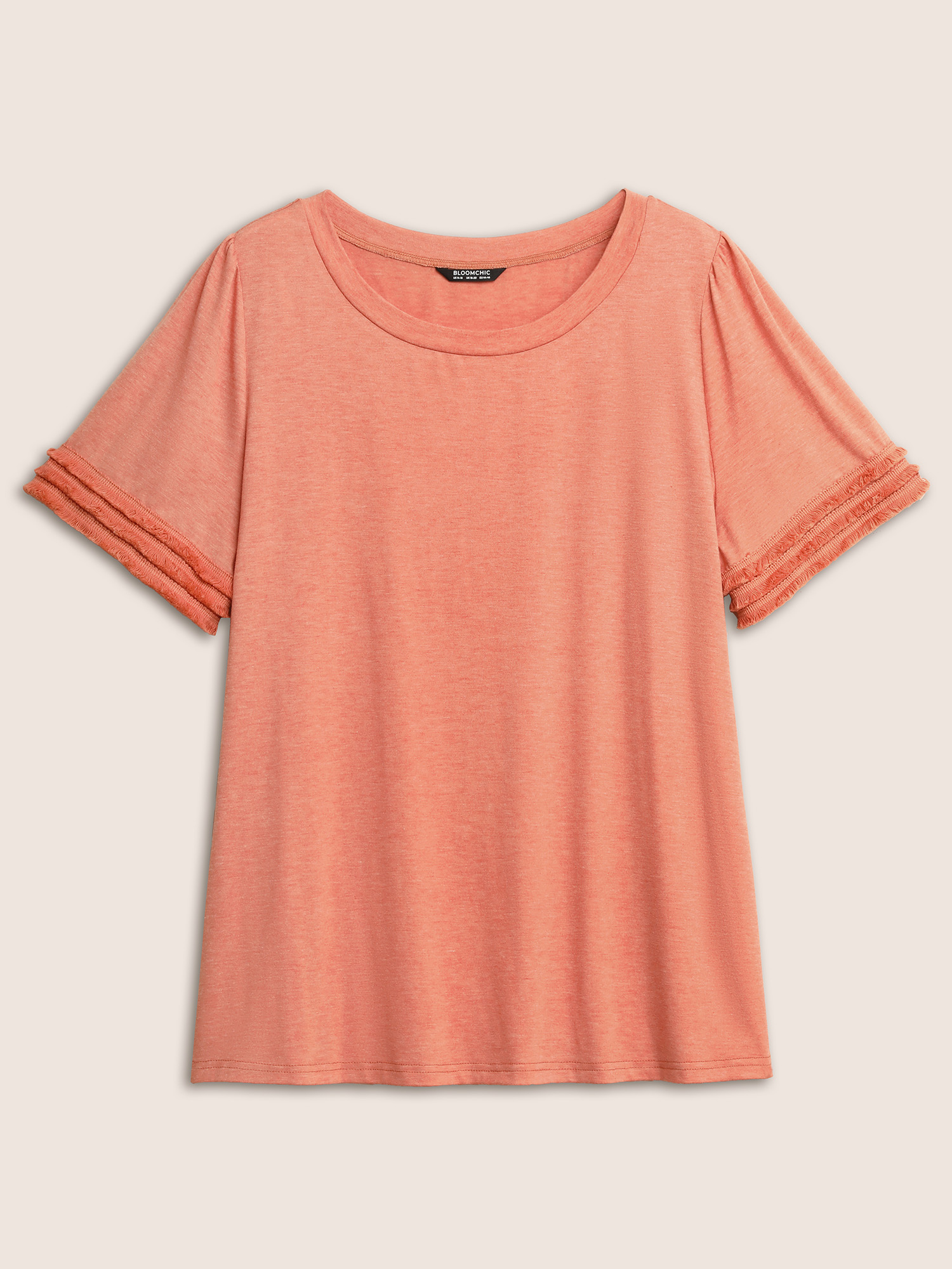Plus Size Round Neck Solid Tiered Fuzzy Trim T-shirt Coral Women Resort Tassels Round Neck Vacation T-shirts BloomChic 22-24/3X 