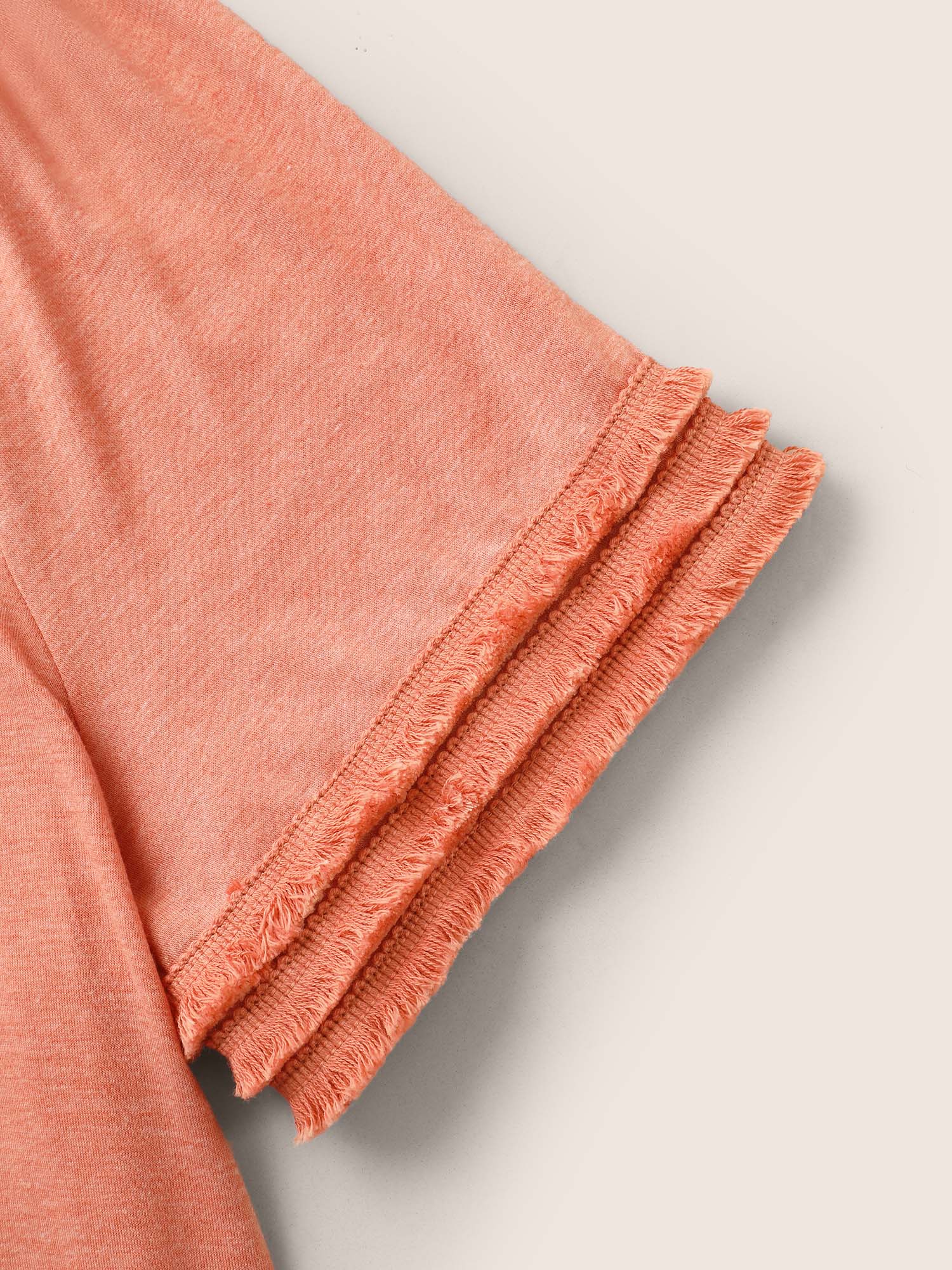 Plus Size Round Neck Solid Tiered Fuzzy Trim T-shirt Coral Women Resort Tassels Round Neck Vacation T-shirts BloomChic 22-24/3X 