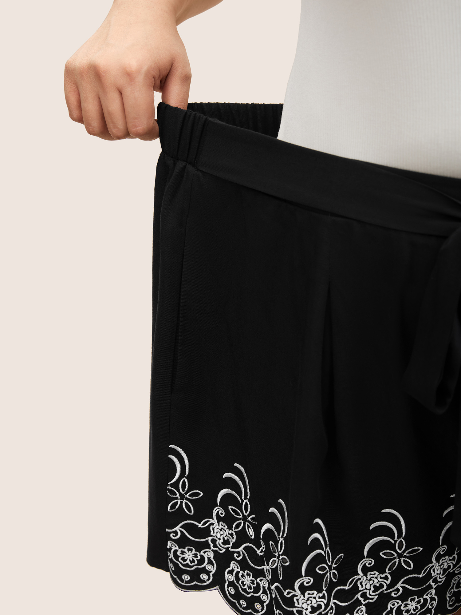 Plus Size Floral Embroidered Ties Scalloped Trim Shorts Women Black Resort Embroidered Vacation Shorts BloomChic 10/M 