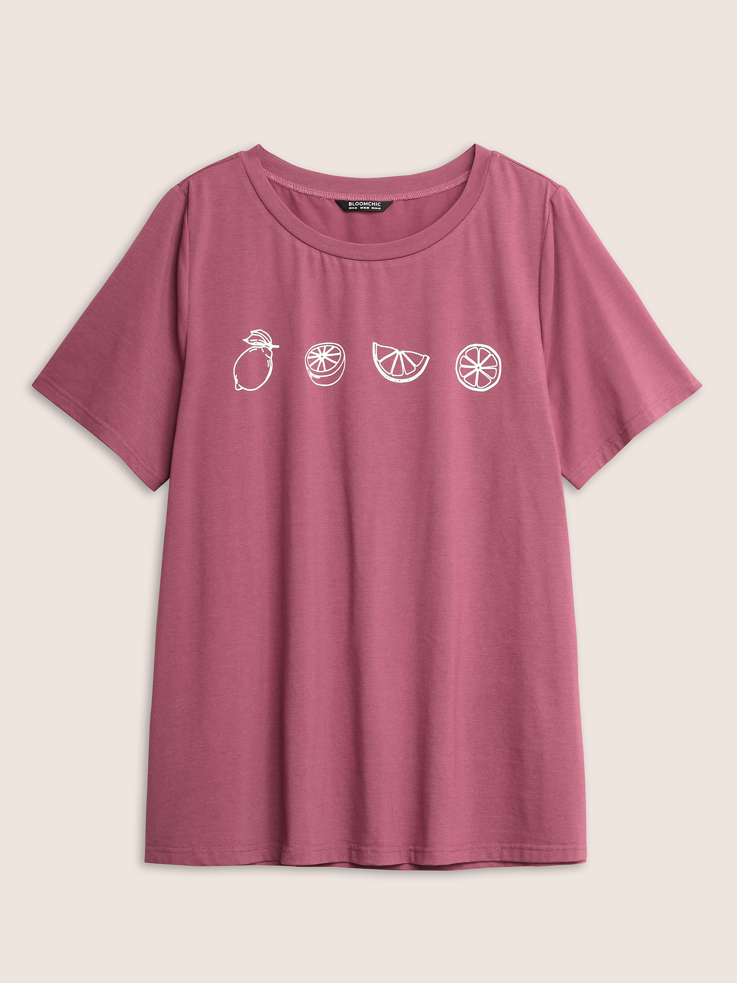 Plus Size Plain Lemon Print Crew Neck T-shirt DustyPink Women Resort Fruit Round Neck Vacation T-shirts BloomChic 22-24/3X 