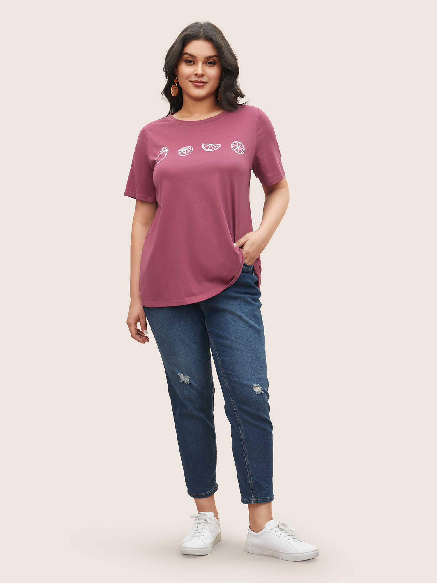 Plus Size Plain Lemon Print Crew Neck T-shirt DustyPink Women Resort Fruit Round Neck Vacation T-shirts BloomChic 22-24/3X 