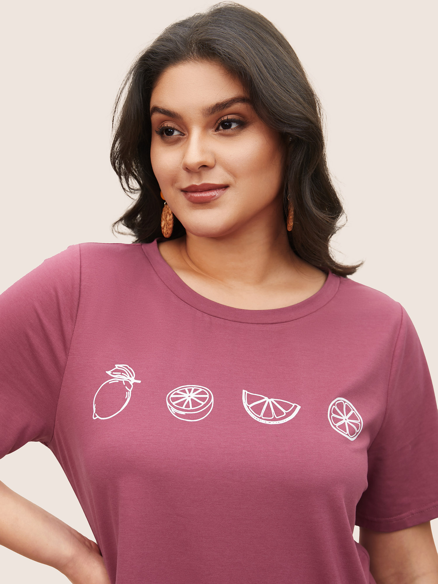 

Plus Size Plain Lemon Print Crew Neck T-shirt DustyPink Women Resort Fruit Vacation T-shirts BloomChic