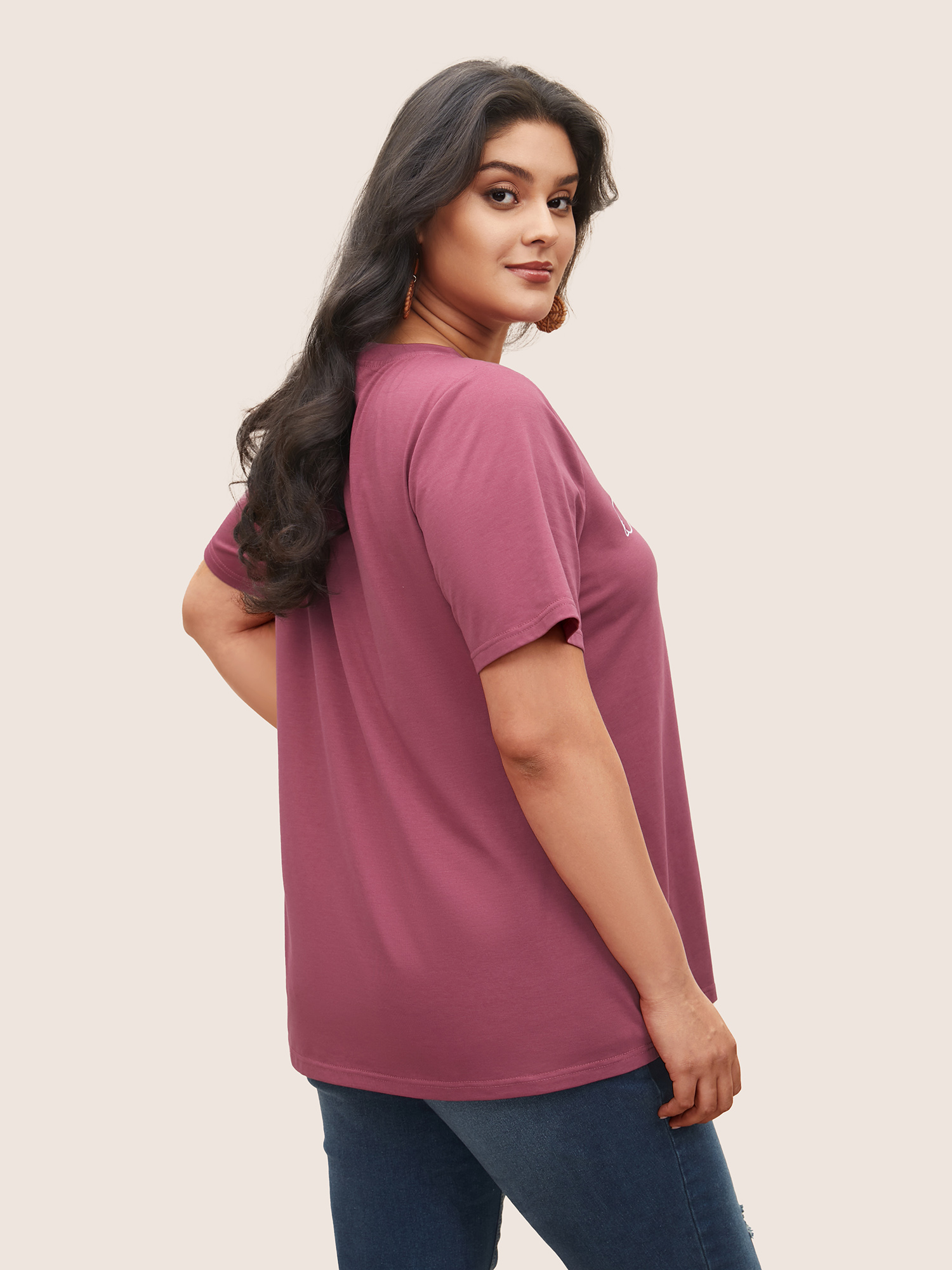 Plus Size Plain Lemon Print Crew Neck T-shirt DustyPink Women Resort Fruit Round Neck Vacation T-shirts BloomChic 22-24/3X 
