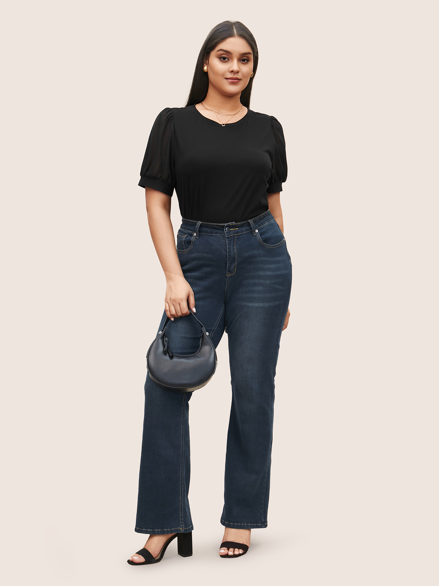 Plus Size Solid Chiffon Patchwork Puff Sleeve T-shirt Black Women Workwear Essentials Patchwork Round Neck Work T-shirts BloomChic 30/6X 