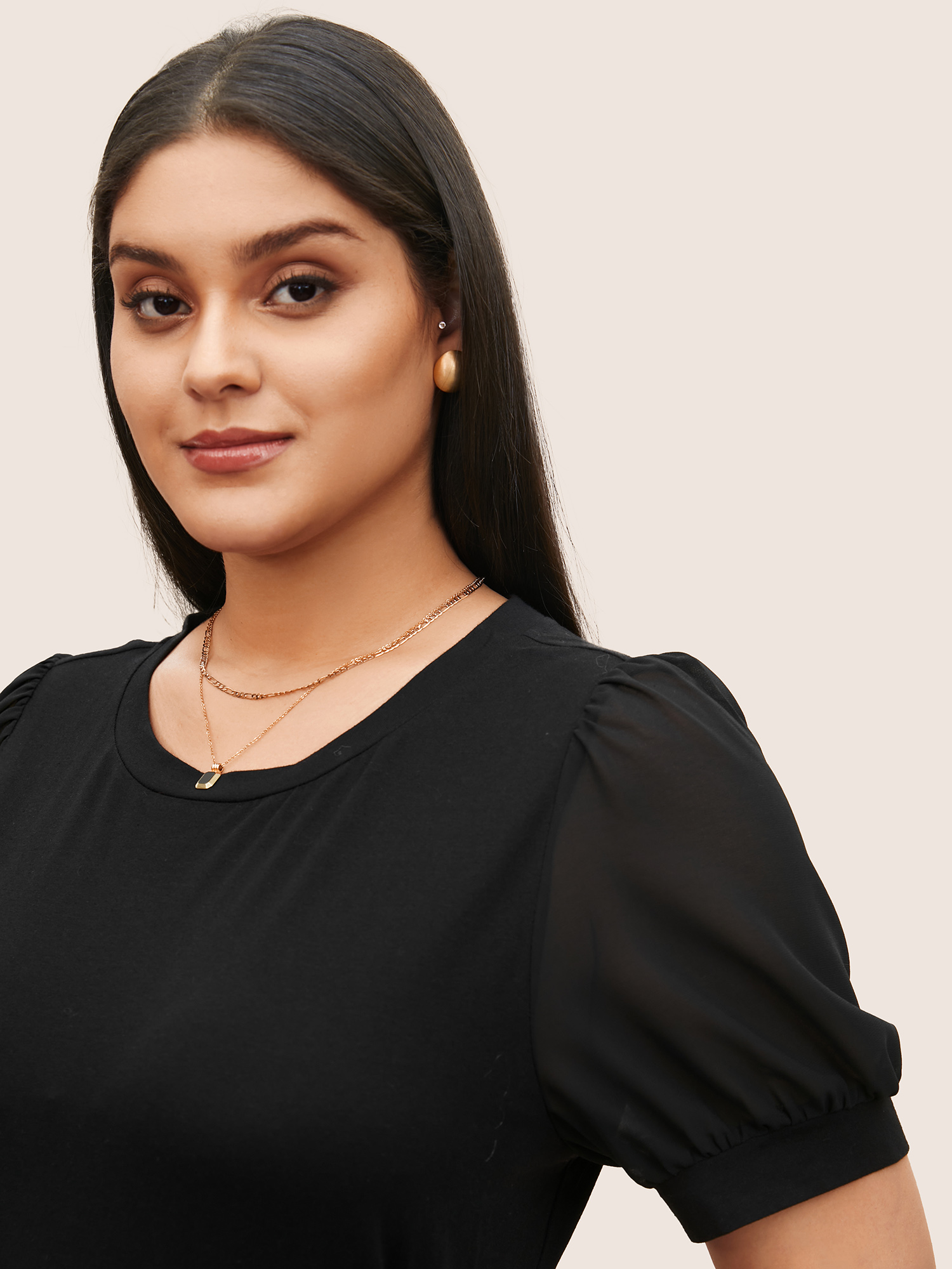 Plus Size Solid Chiffon Patchwork Puff Sleeve T-shirt Black Women Workwear Essentials Patchwork Round Neck Work T-shirts BloomChic 30/6X 