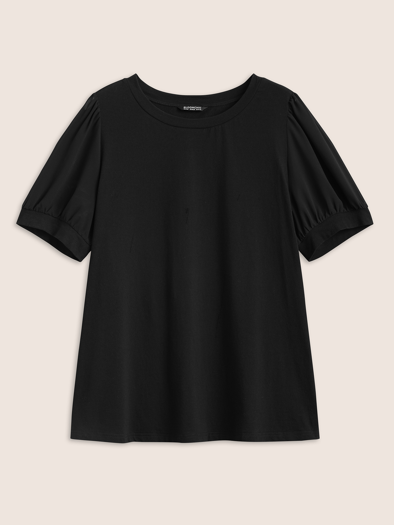 Plus Size Solid Chiffon Patchwork Puff Sleeve T-shirt Black Women Workwear Essentials Patchwork Round Neck Work T-shirts BloomChic 30/6X 